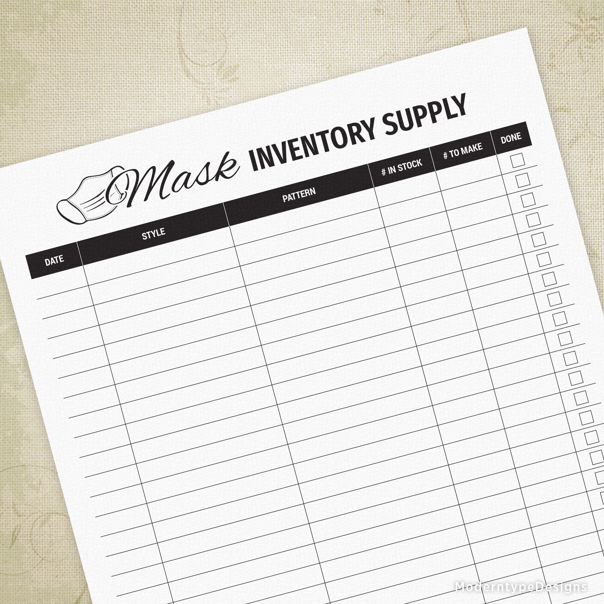 A printable mask inventory supply list template with fields for name, style, date, and quantity.