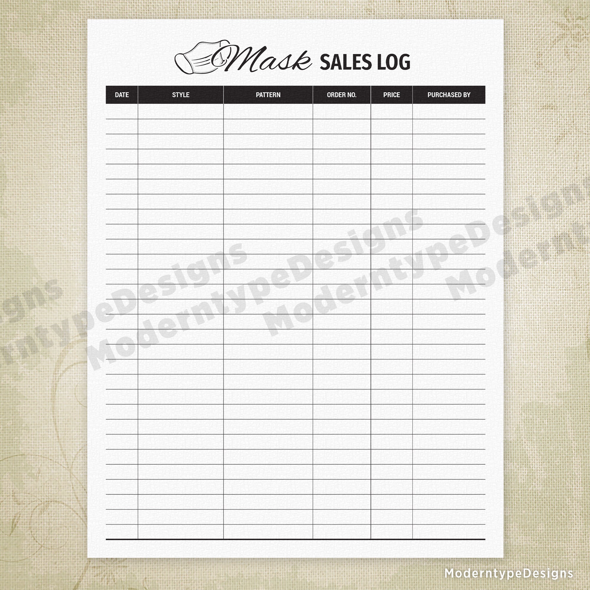 Mask Sales Log Printable