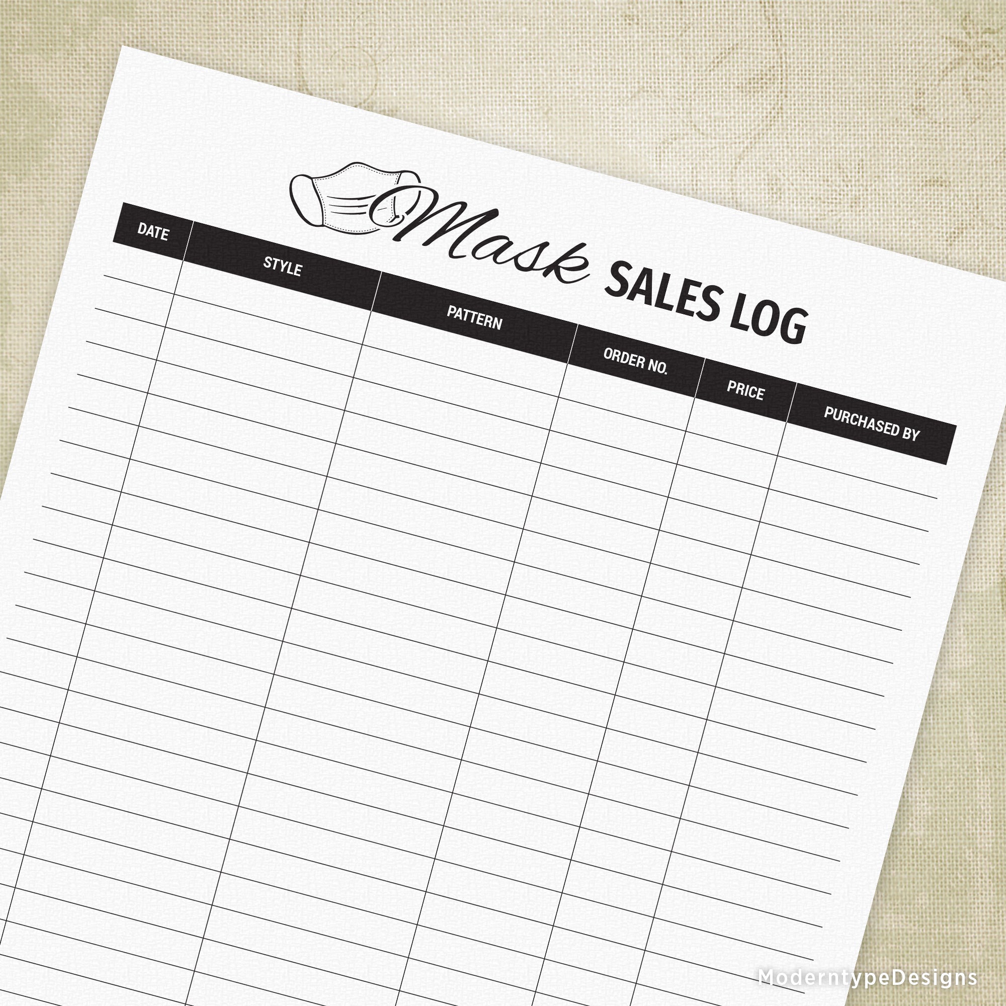 A printable mask sales log PDF with sections for date, style, pattern, order number, price, and purchaser information.