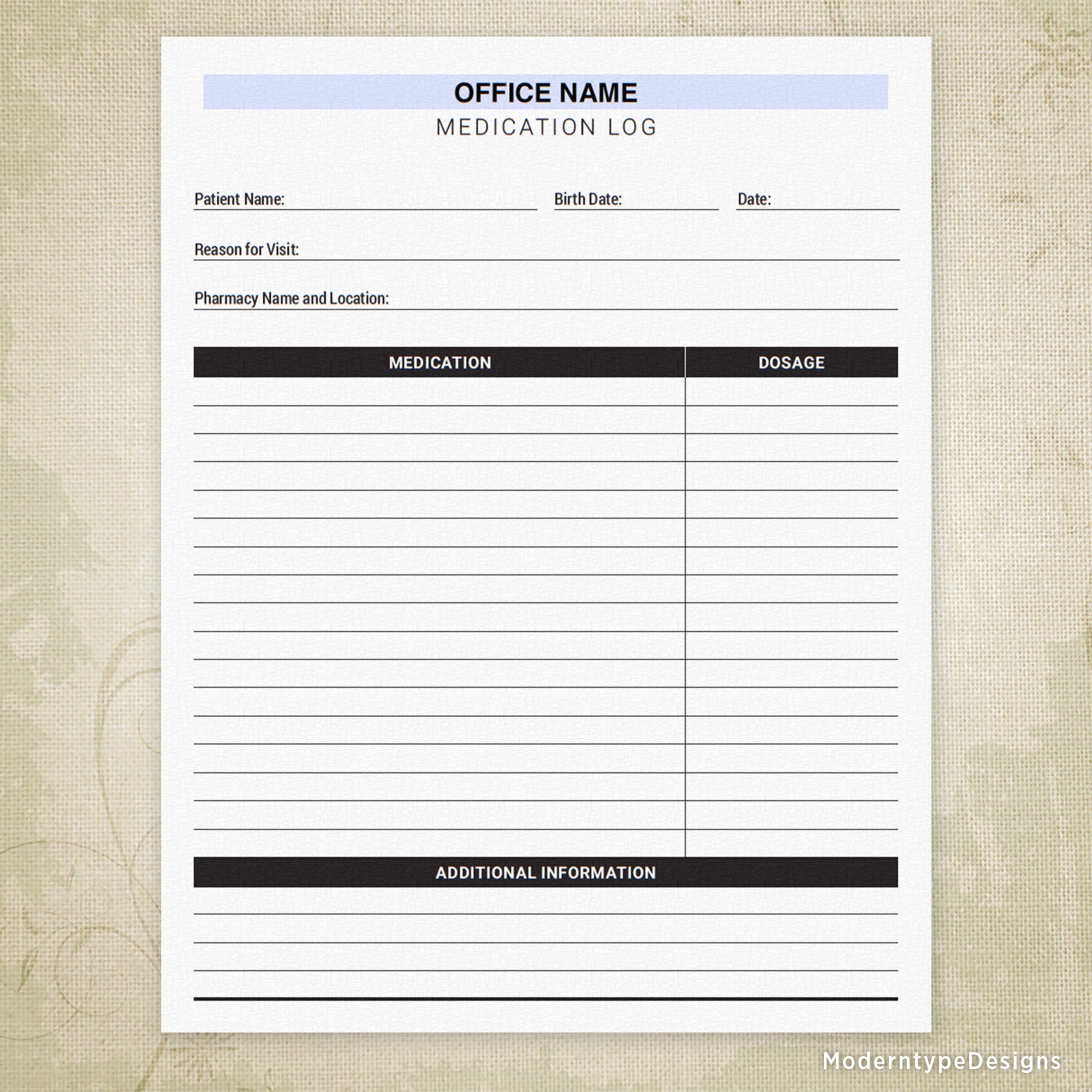 Medication Log Printable Form for Offices, Personalized