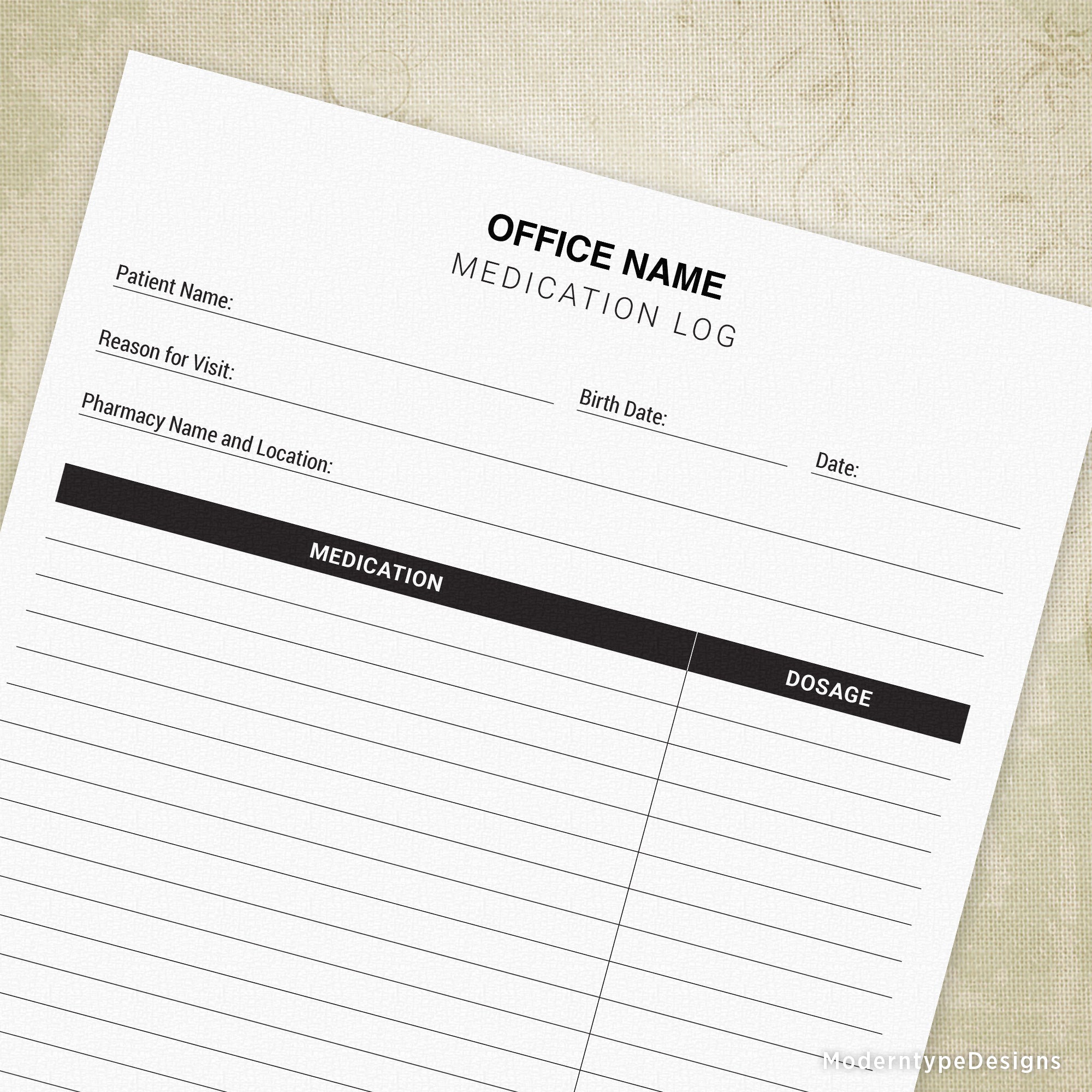 This is a Medication Log Form PDF for Offices. Download, fill out the office name, and print! Keep track of your patient's medications.