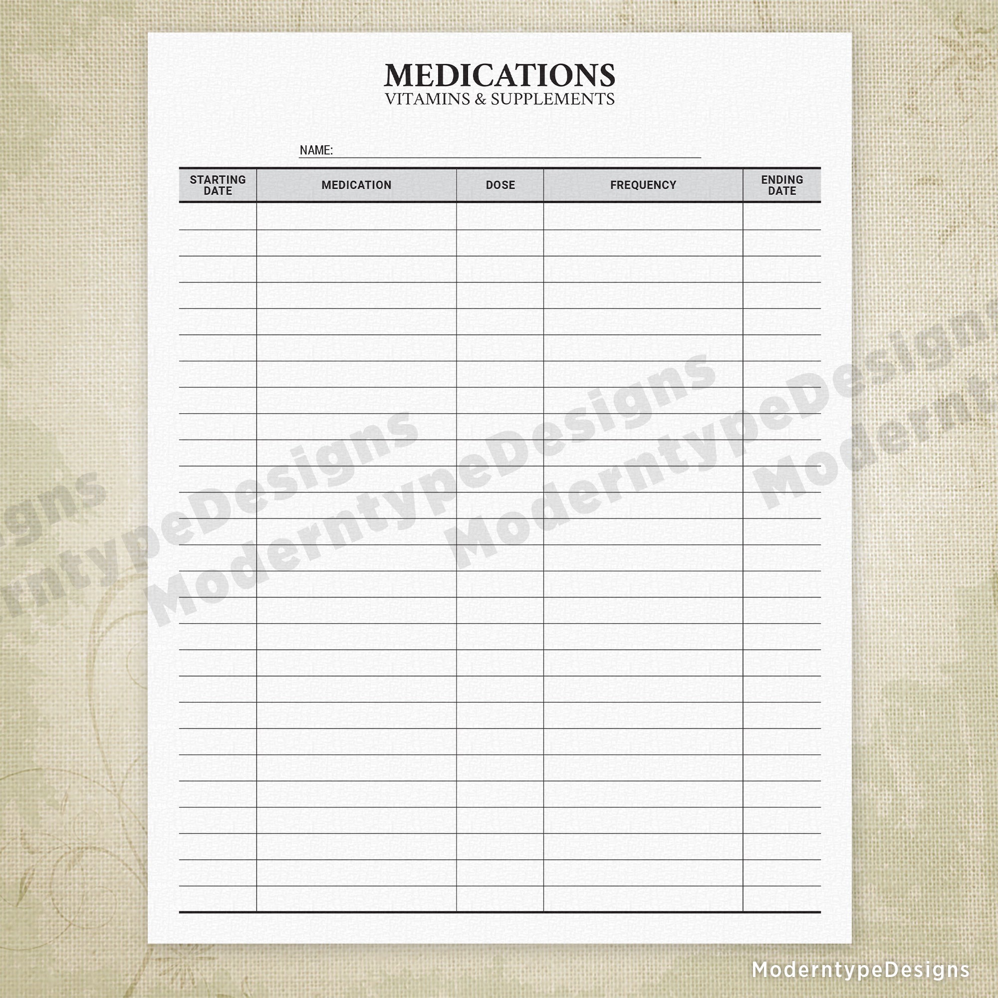 Medications, Vitamins & Supplements Log Printable