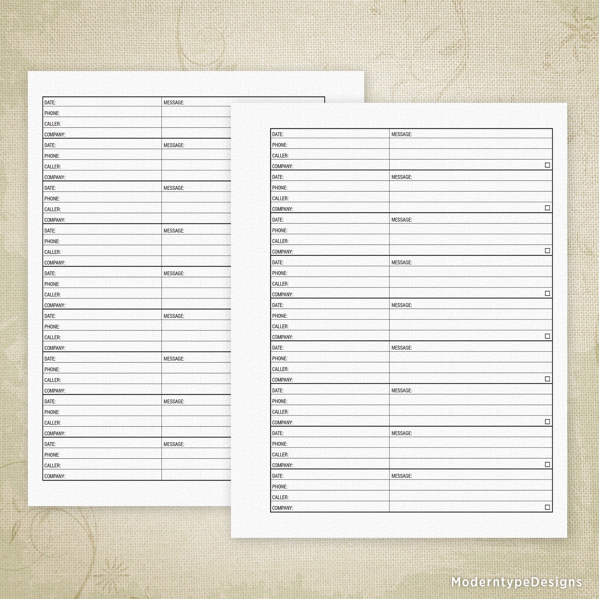 Two printable PDF message logs with room for left-side binding on the top and right-side binding on the bottom, with a blank layout for note-taking.