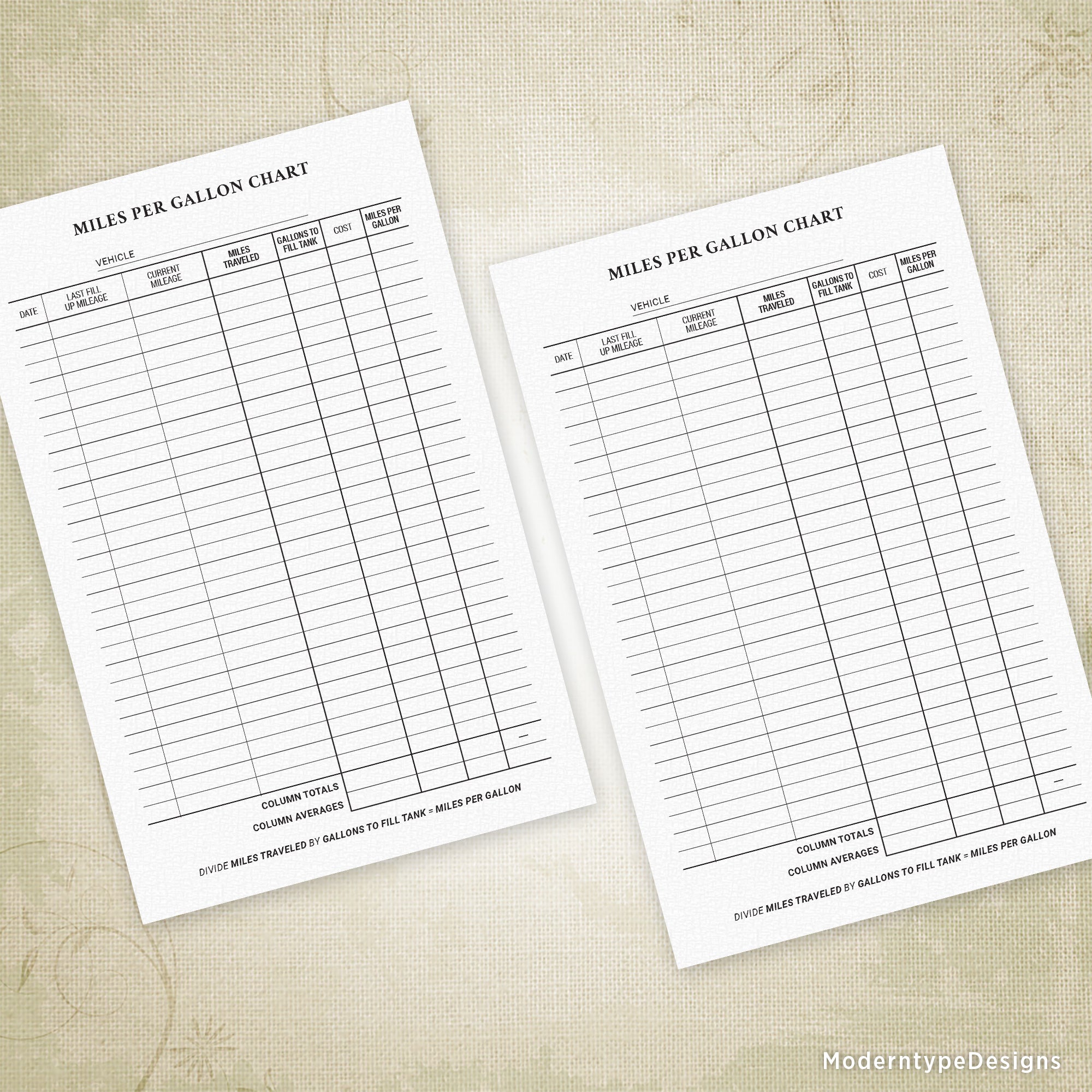 Miles Per Gallon Chart Printable Form