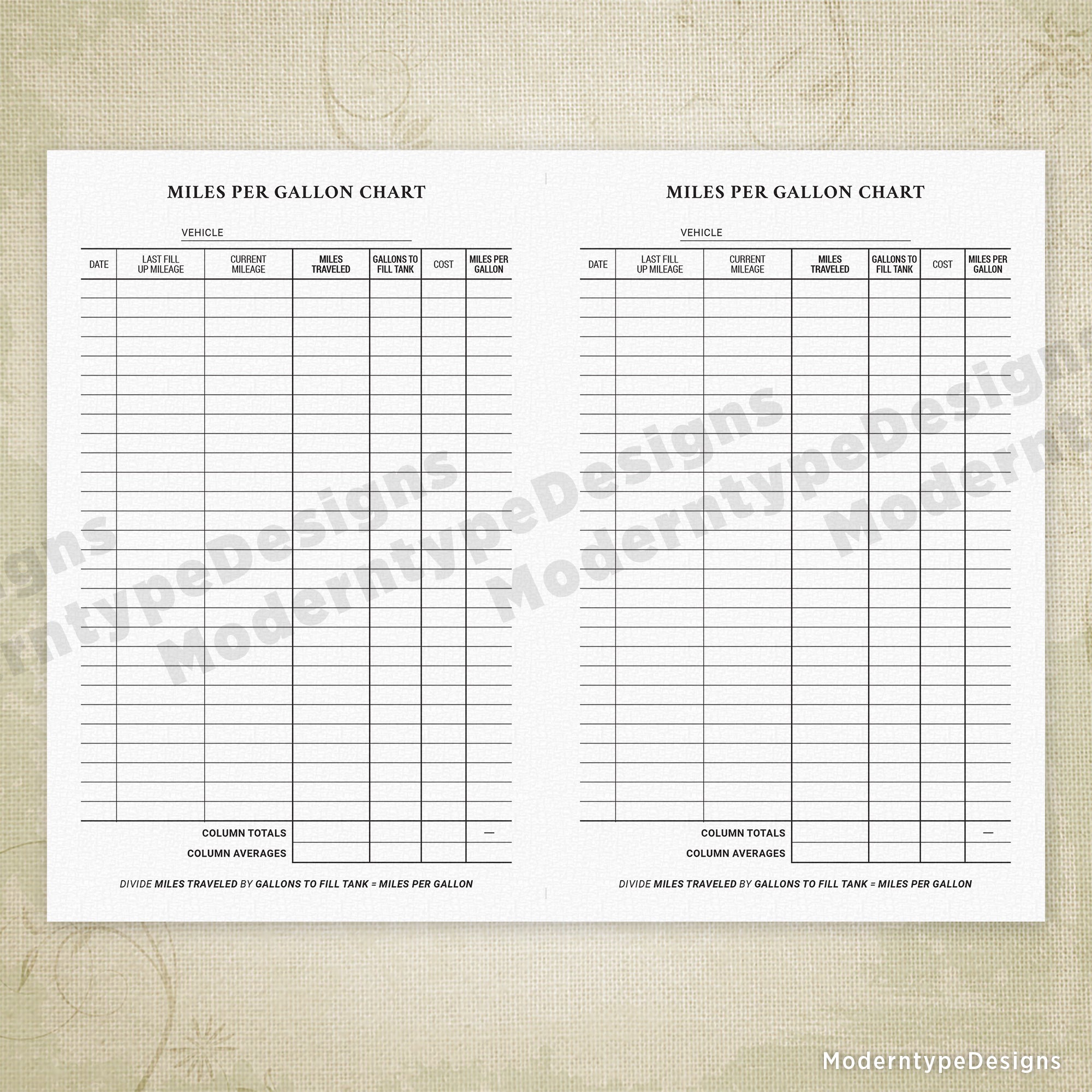 Miles Per Gallon Chart Printable Form