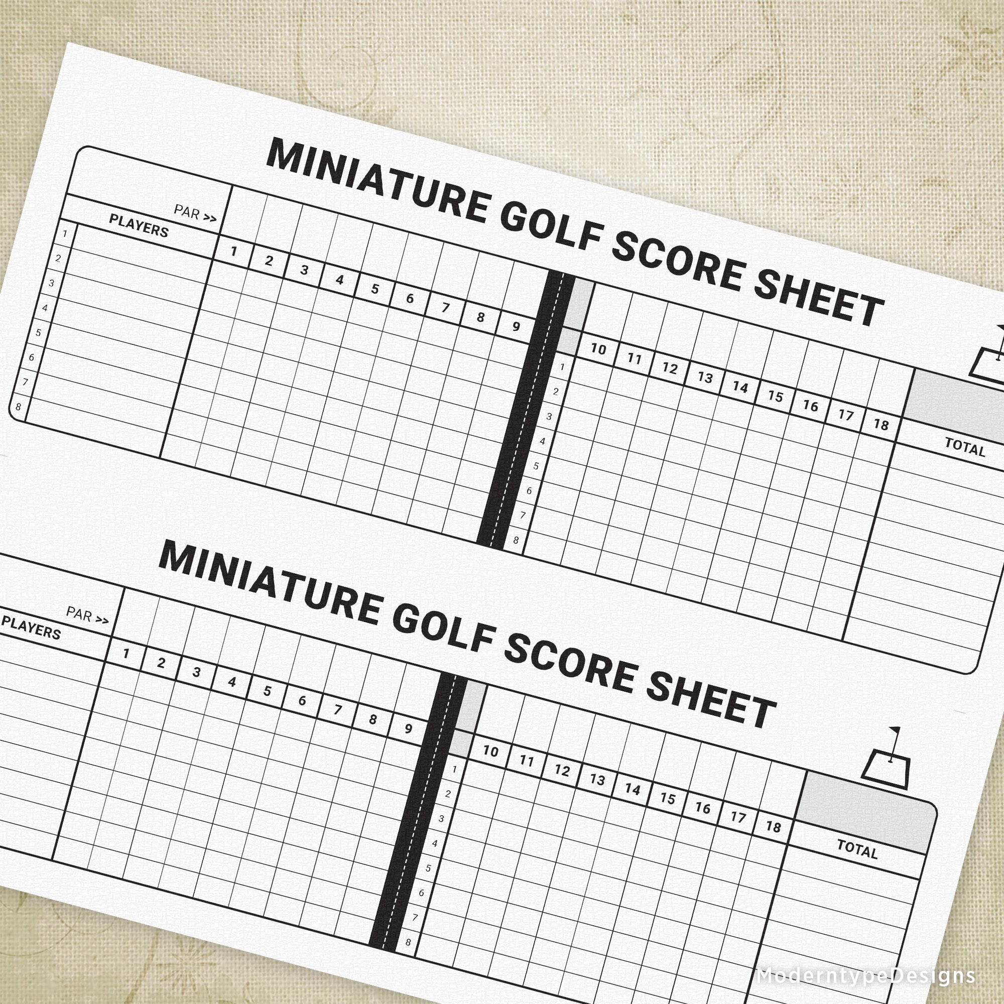 Two printable miniature golf score sheets, one titled 'Miniature Golf Score Sheet' and the other titled 'Miniature Golf Score Sheet (2nd Copy)', both with areas for scoring, player names, and handicaps.