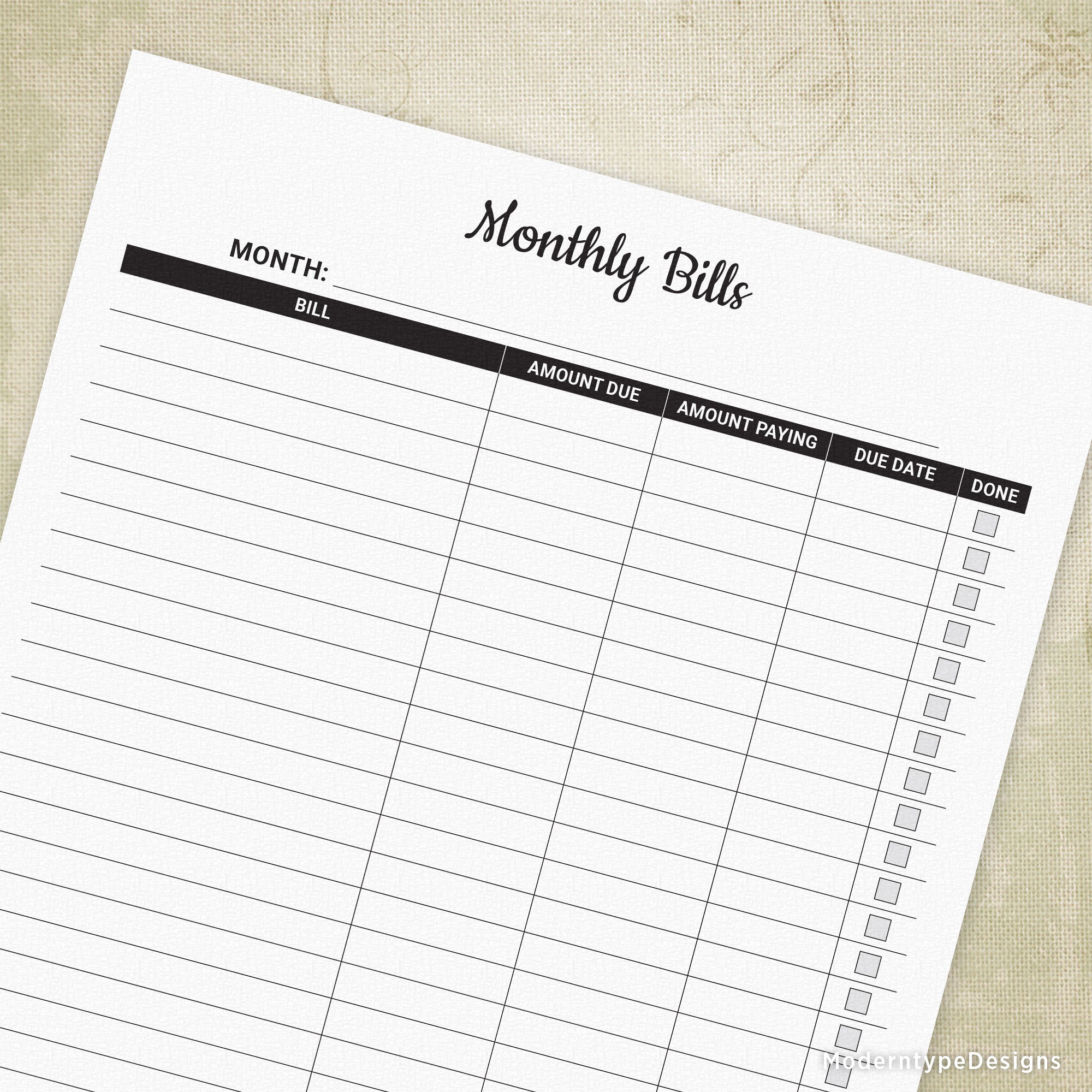 This is a PDF Monthly Bills Tracker Printable Sheet with extra lines to allow for extra bills. Tracking your monthly spending? There is also a box at the bottom to log your grand totals.