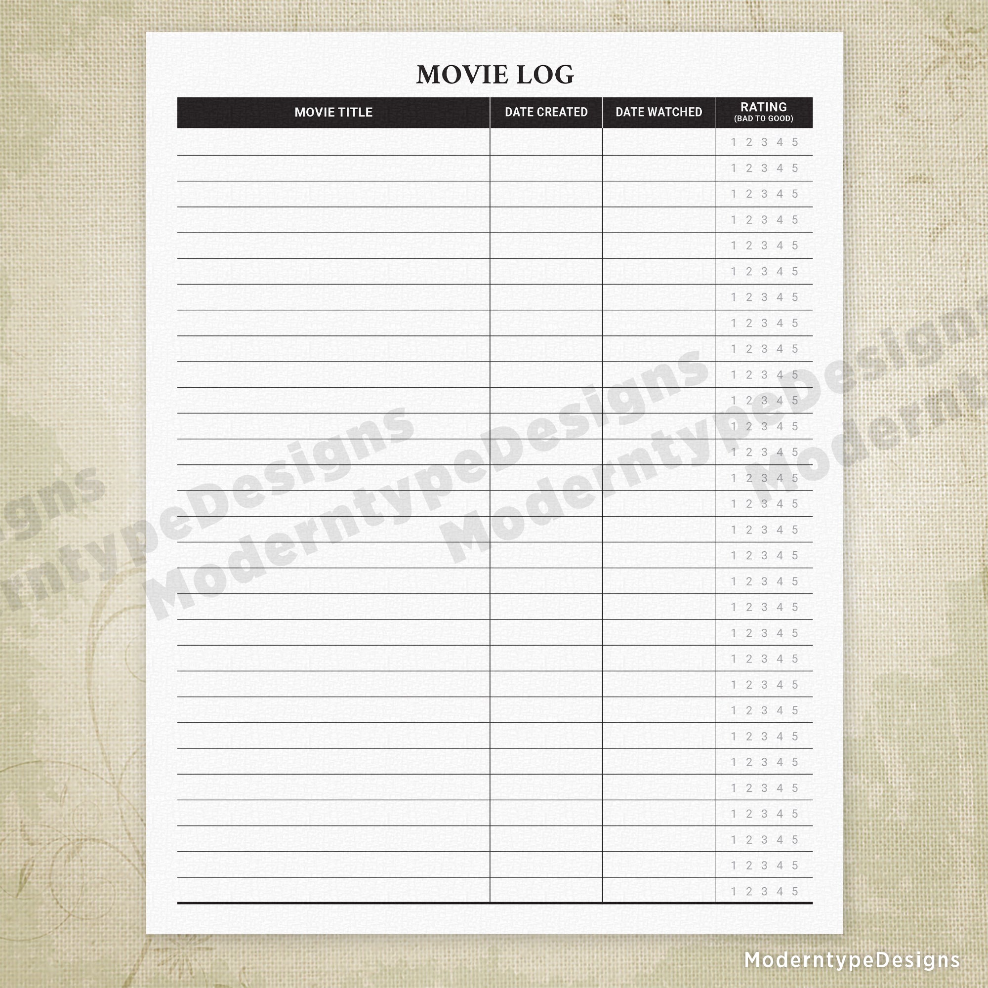 Movie Log with Rating Printable Form