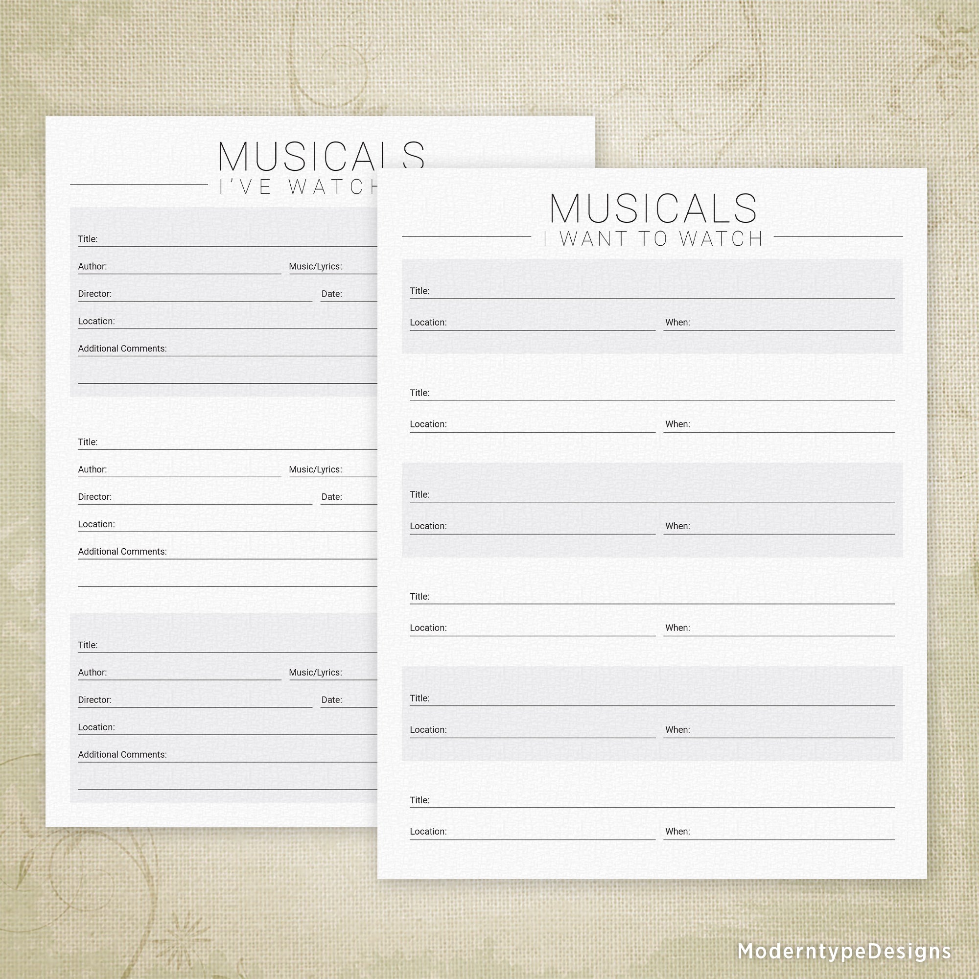 Two printable PDF forms titled 'MUSICALS I'VE WATCHED & I WANT TO WATCH' with a checklist and notes section, designed for tracking theater engagements.