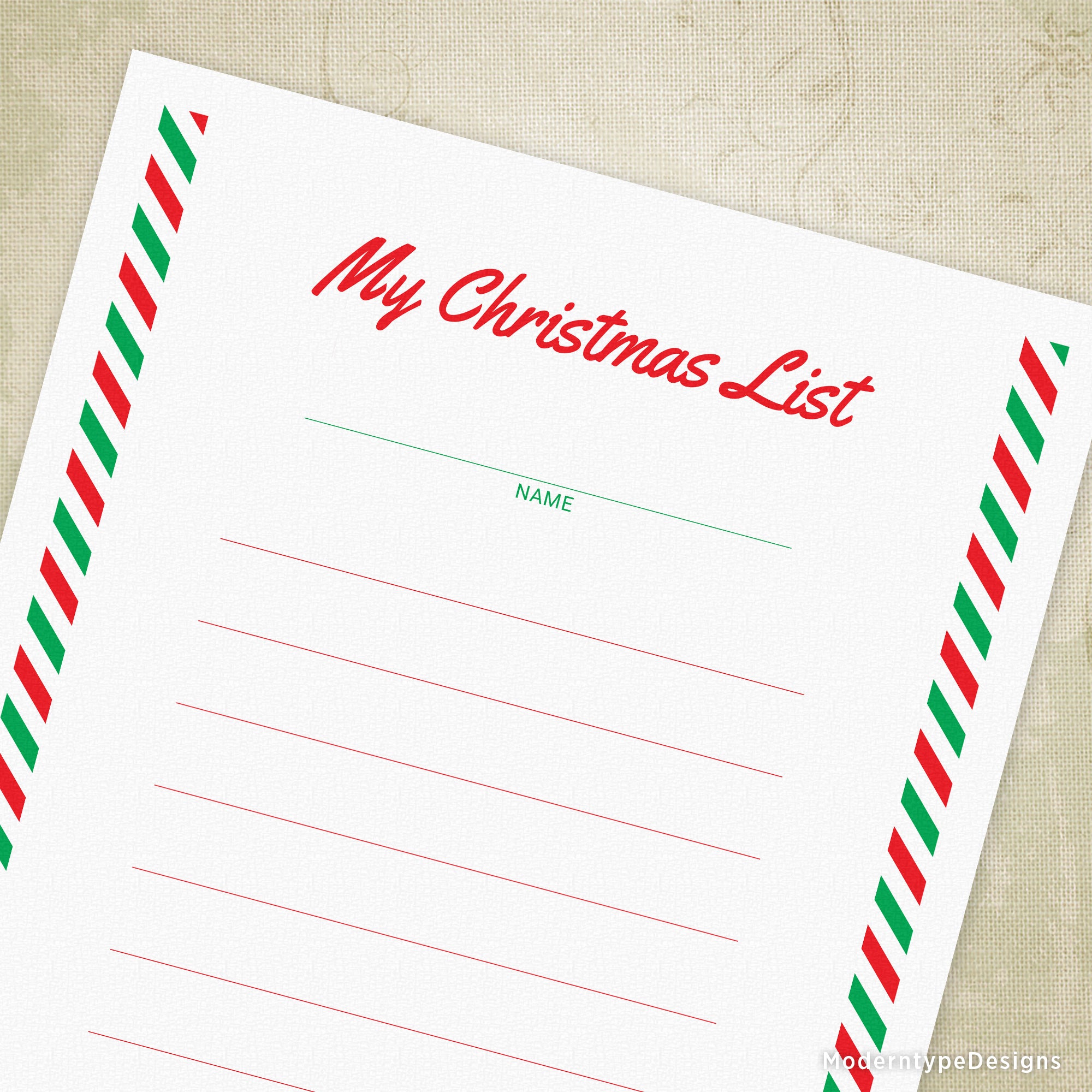 A printable Christmas list template with red and green stripes on the edges, featuring 10 lines for writing in items and space for a name at the top.