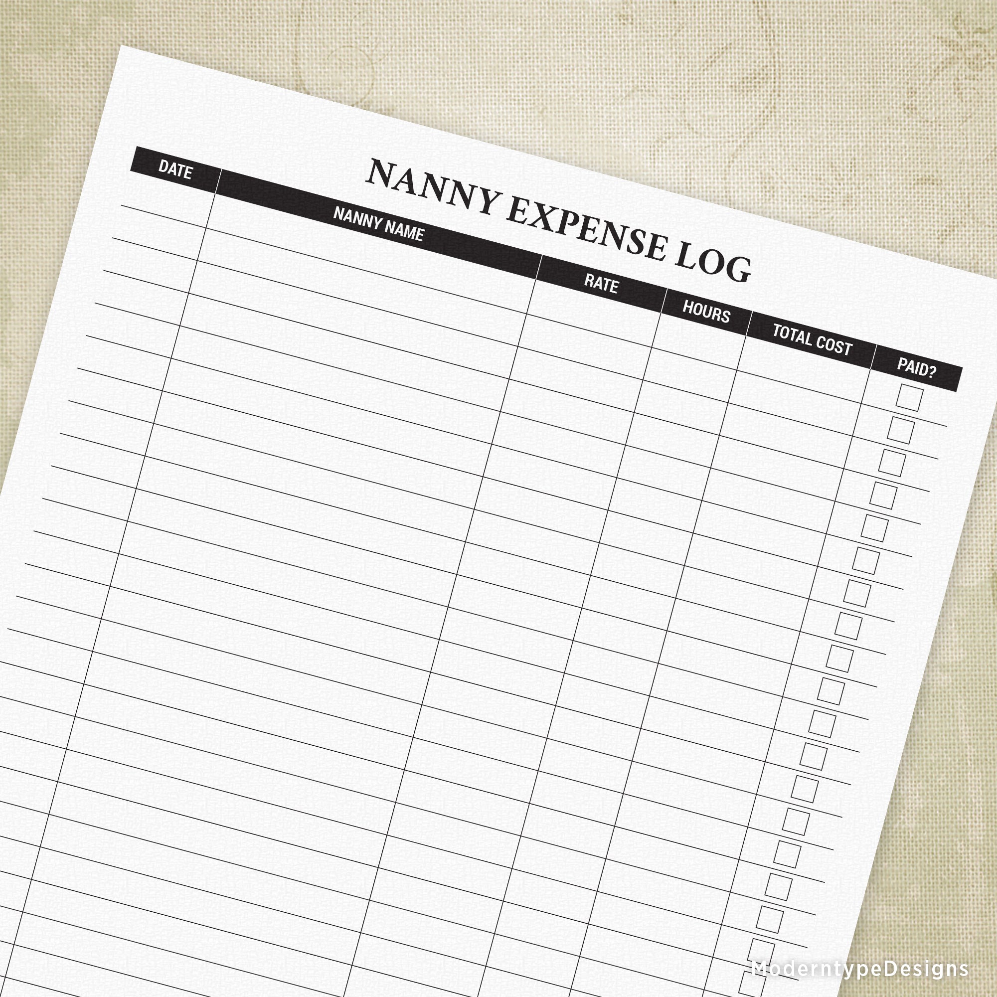 Printable Nanny Expense Log sheet with sections for date, description, hours, rate, and total cost.