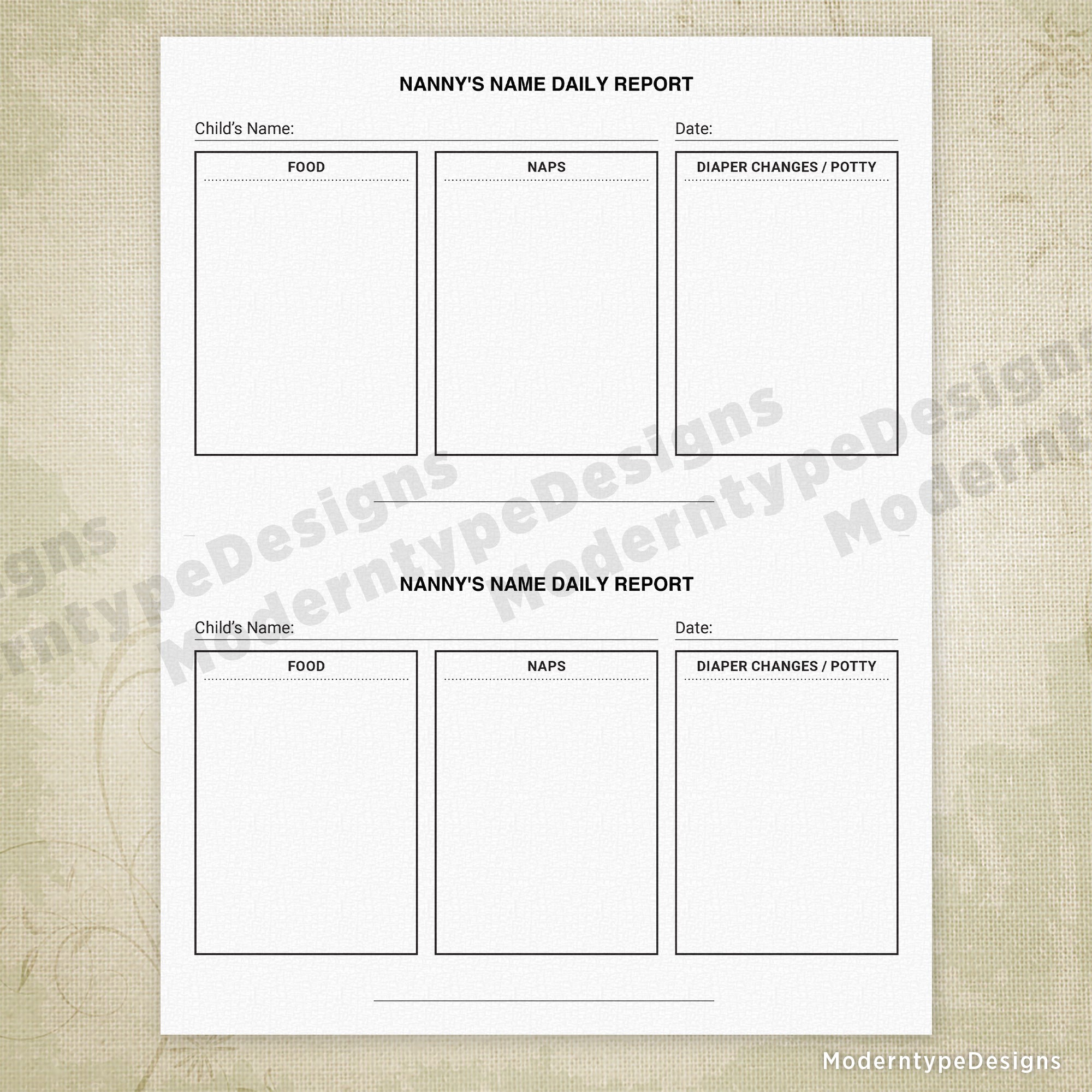 Nanny Daily Report Printable, 8.5 x 5.5, Half Sheet, Personalized