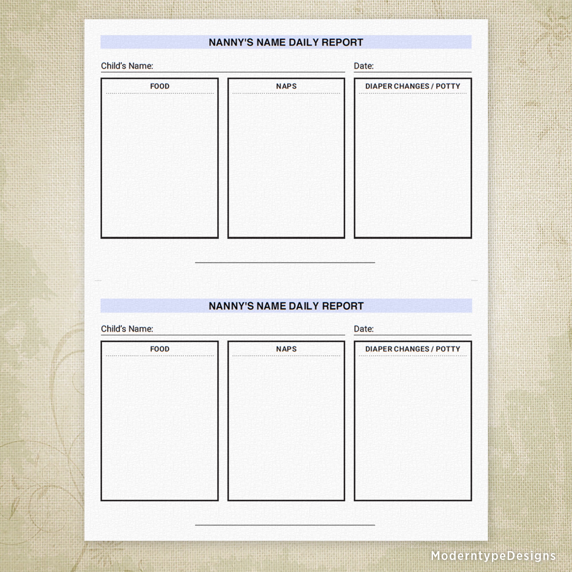 Nanny Daily Report Printable, 8.5 x 5.5, Half Sheet, Personalized
