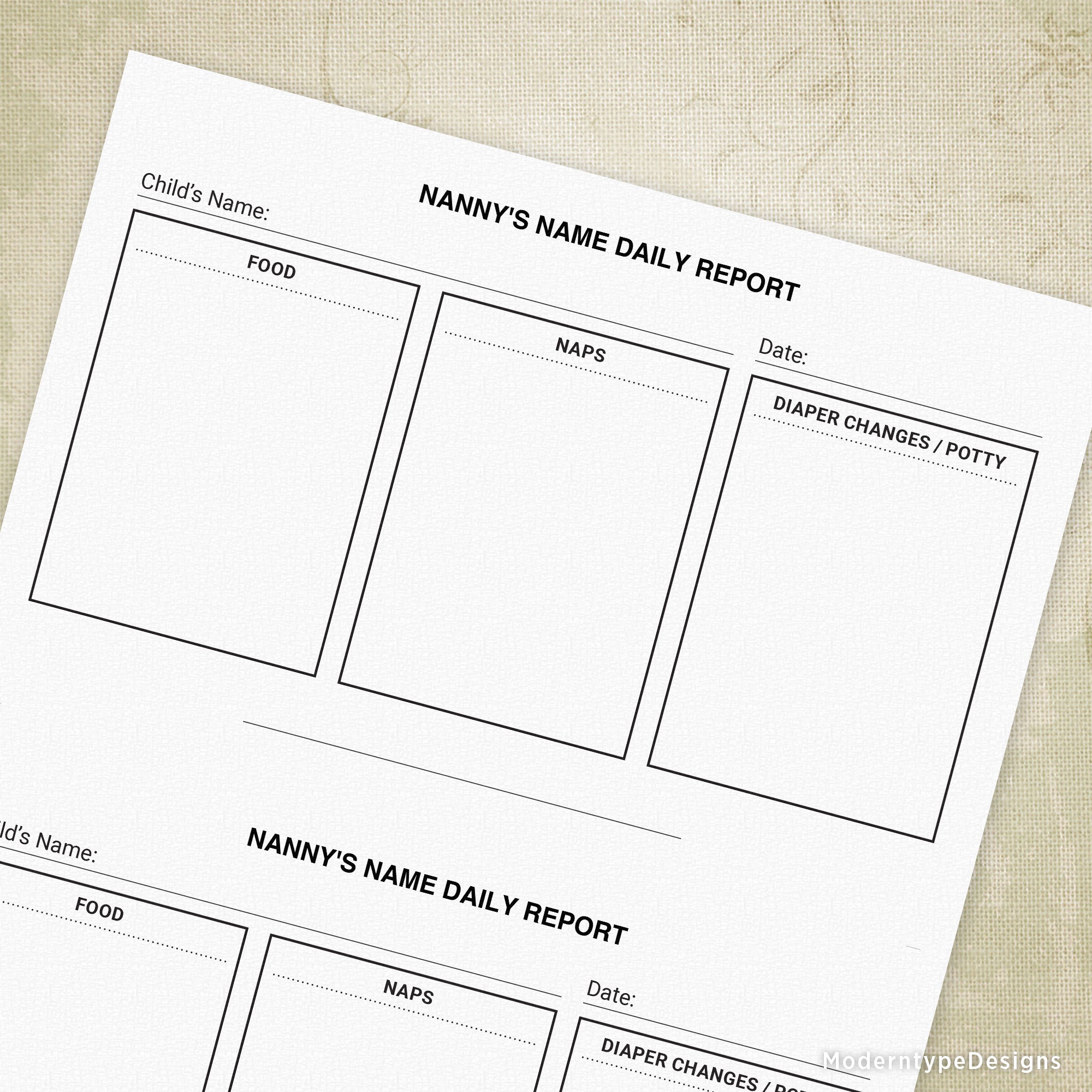 This is a printable PDF Nanny Daily Report Form for young children with 1 editable field. Stay professional with your personalized report sheet. Print as many as you need!