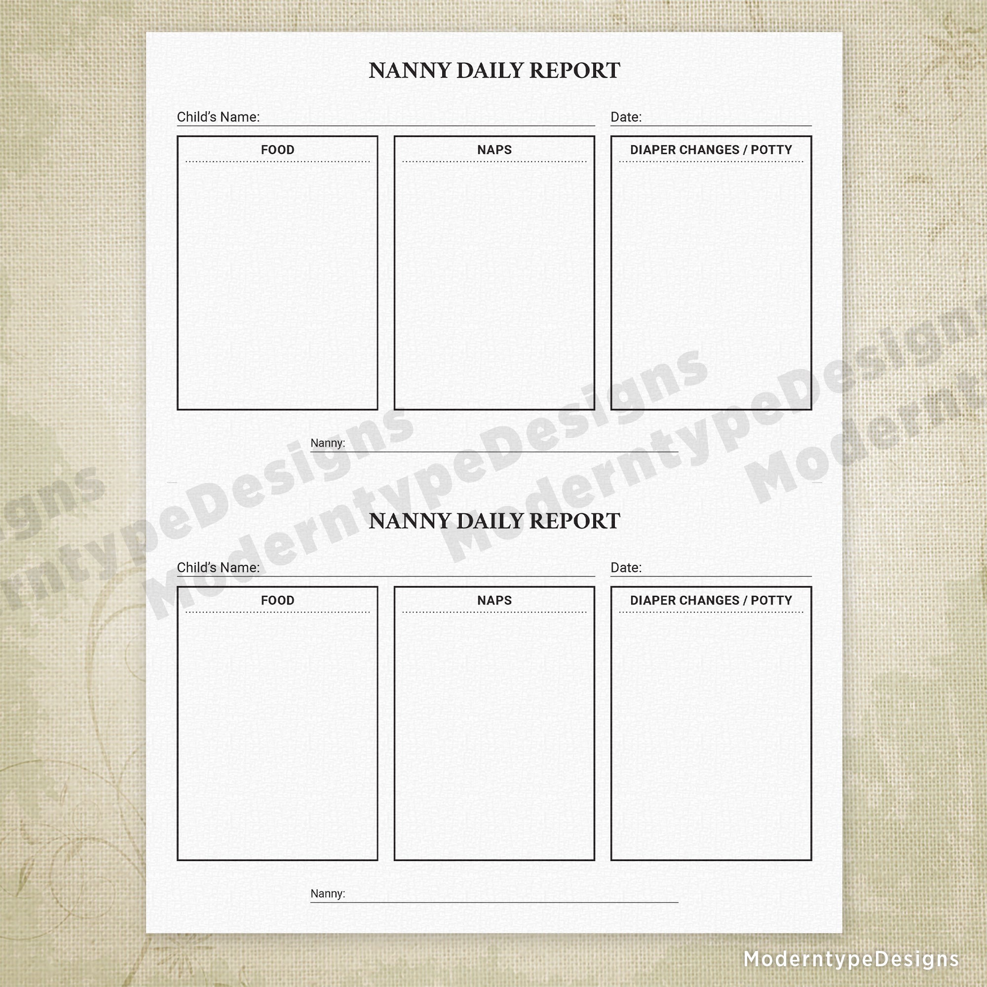 Nanny Daily Report Printable, 8.5 x 5.5, Half Sheet