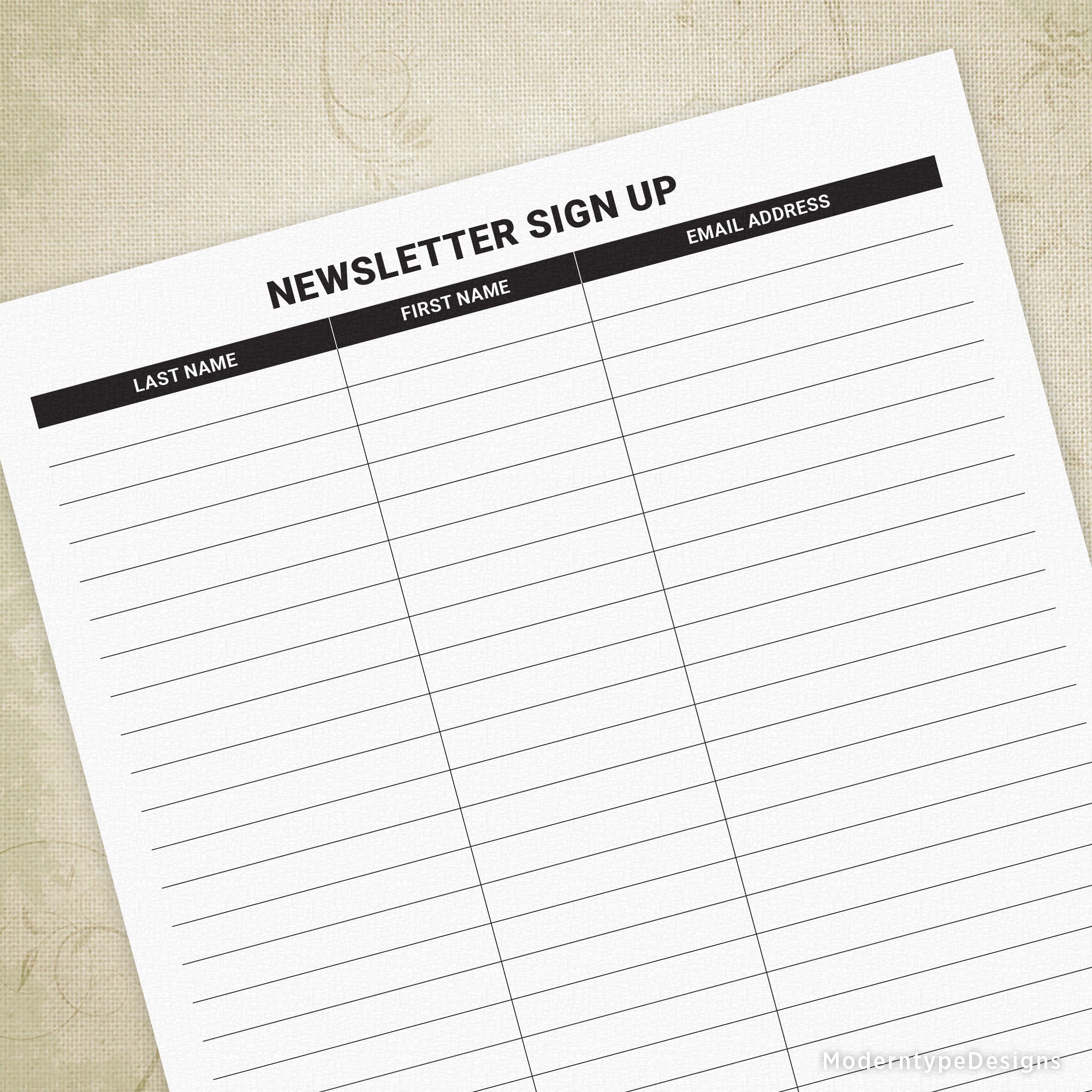 This is a Newsletter Sign Up Printable PDF Form for instant download. Gather an email list of your customers so you can keep them informed!