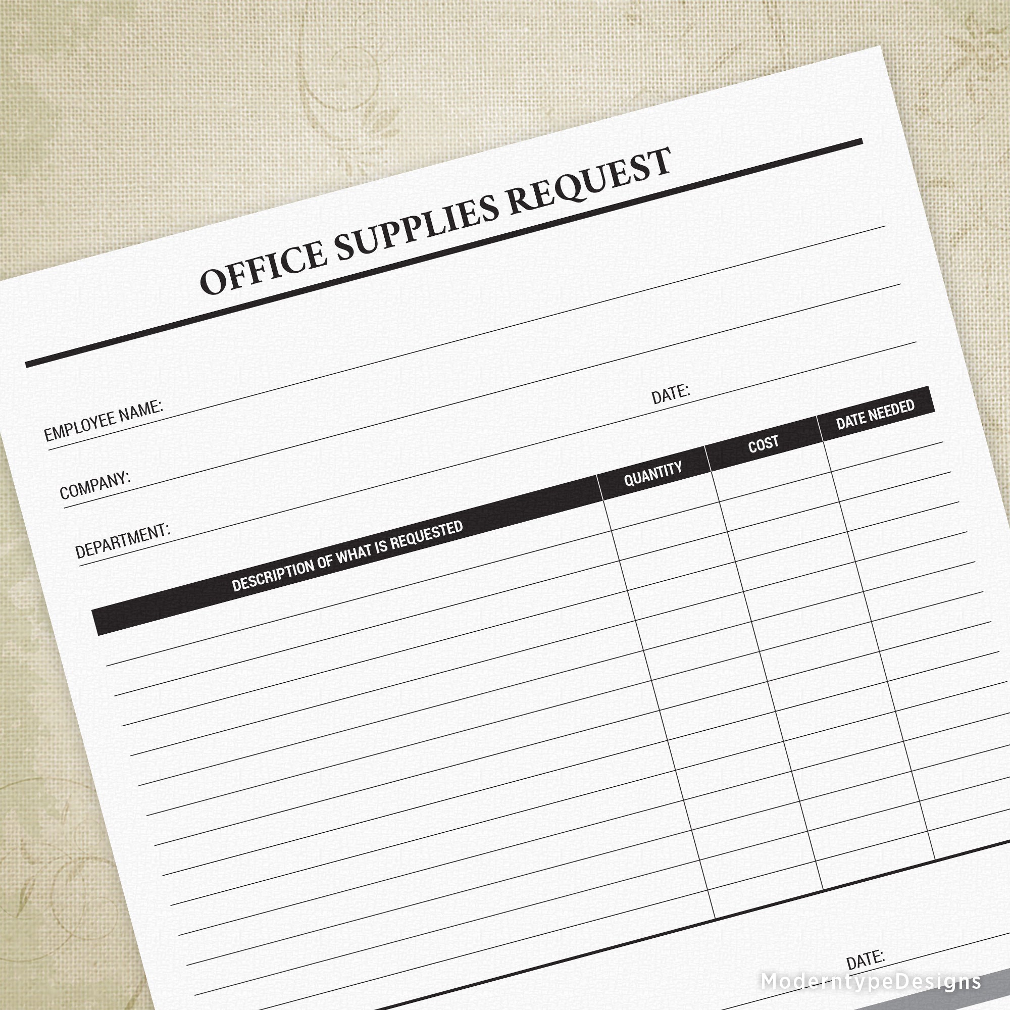 A printable Office Supplies Request form with sections for name, department, description, quantity, cost, and date.