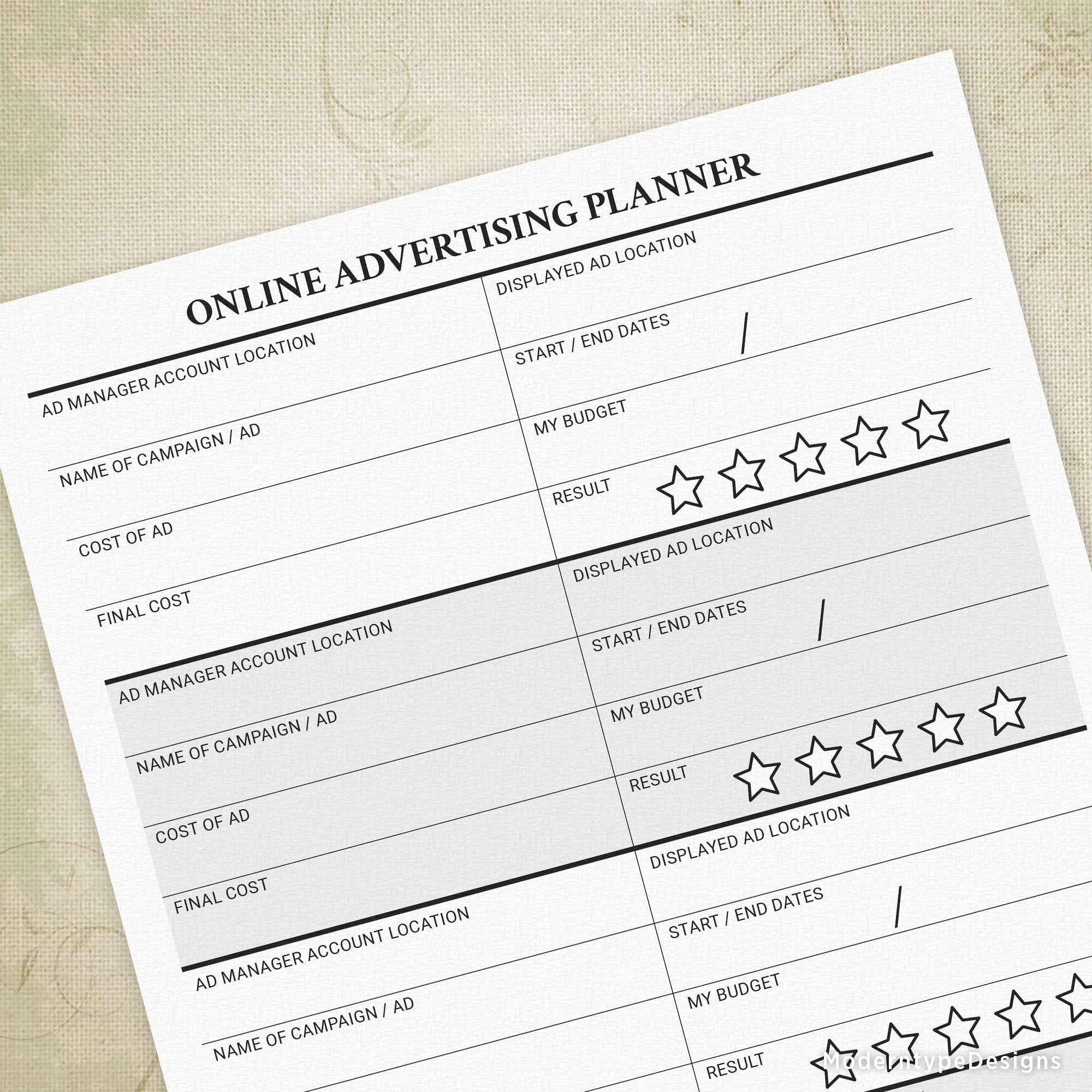 Printable online advertising planner form with sections for ad manager, ad details, start and end dates, and budget information.