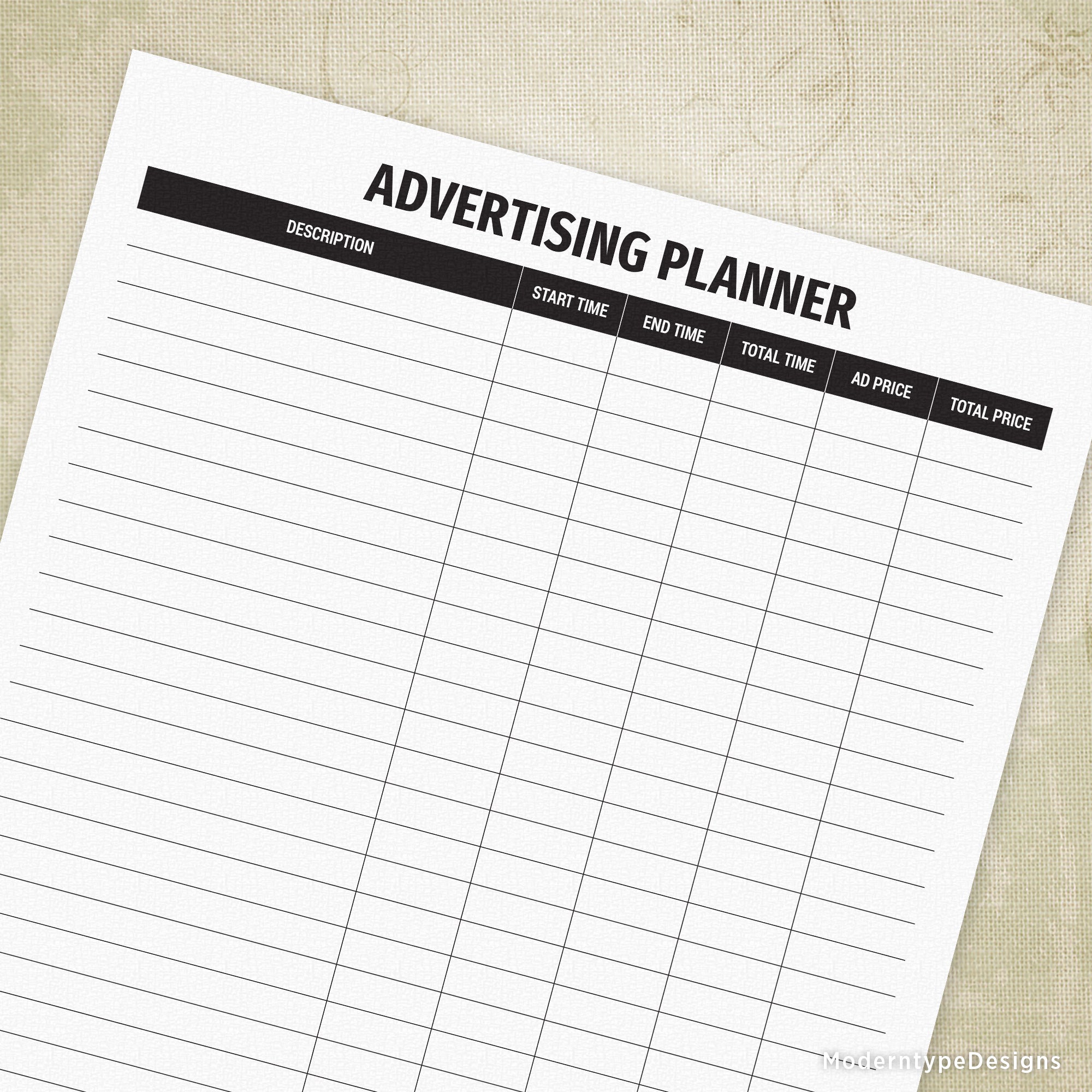 Printable advertising planner form with columns for schedule start and end dates, prices, and total price amounts.