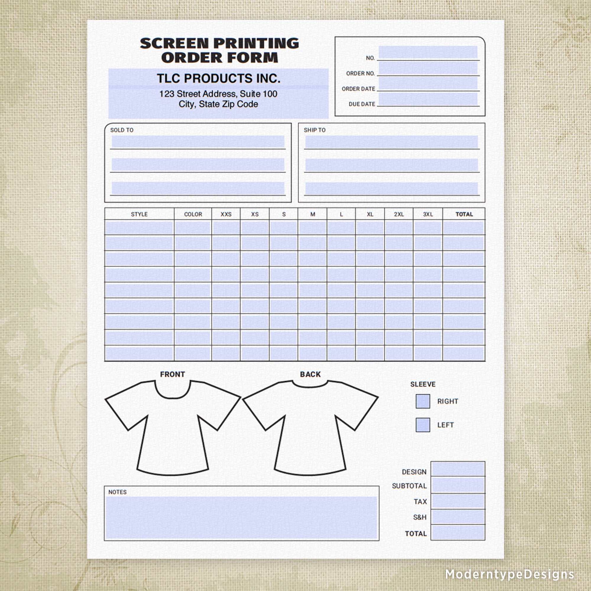 Screen Printing Order Form Printable, Editable, #2