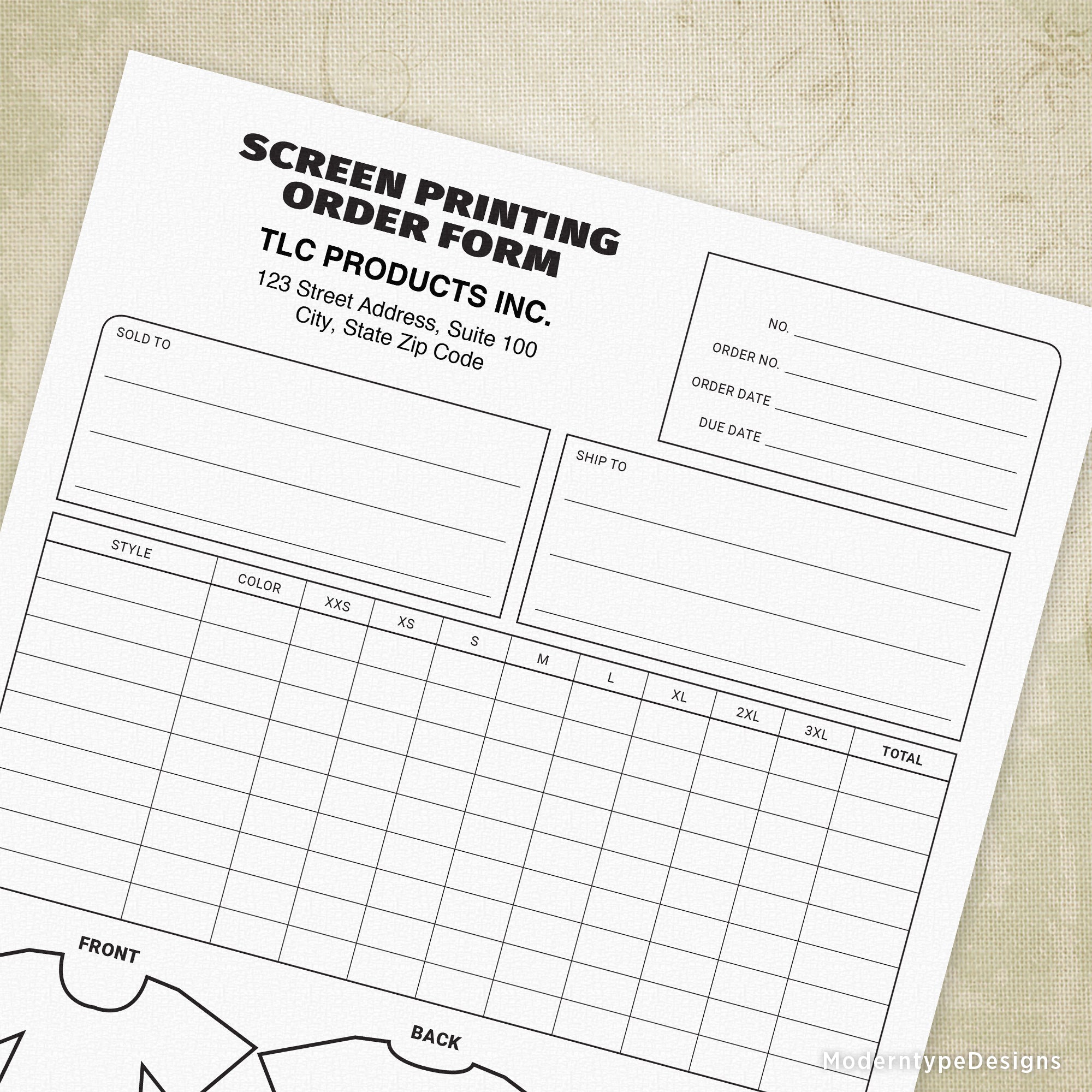 This is a Screen Printing Order Form PDF Printable with various editable fields. Edit all the information you need before you print, then mark the t-shirt drawing with where it's being printed.