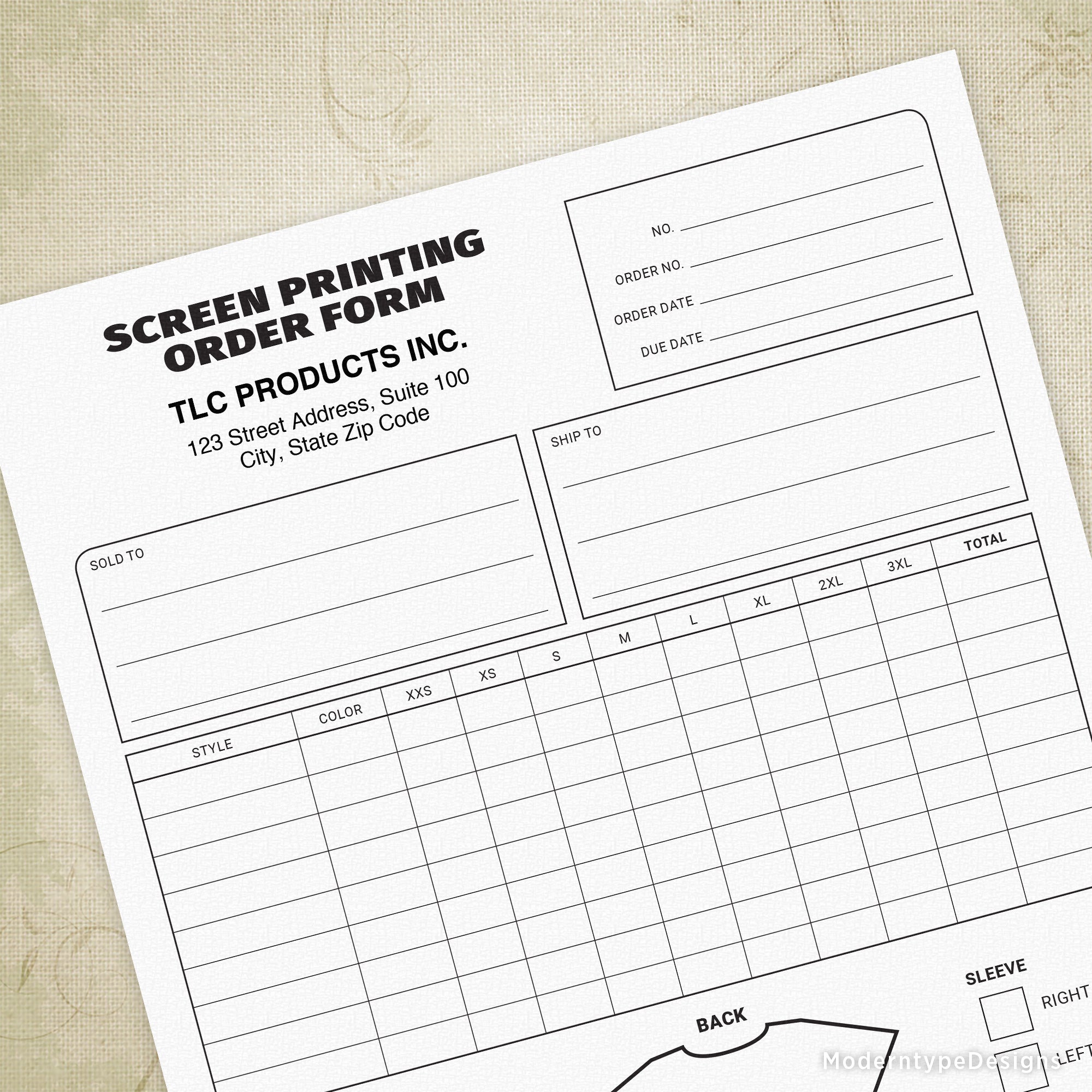 Screen Printing Order Form Printable Personalized
