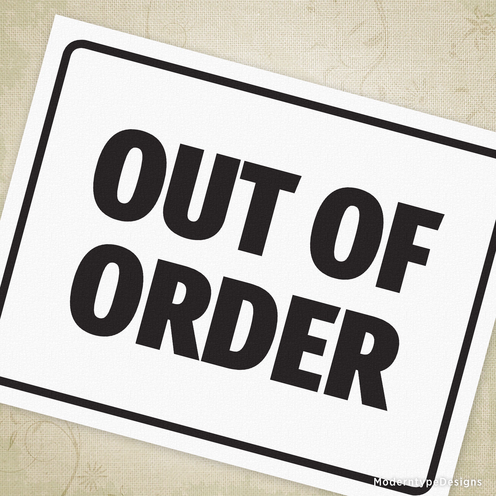 A printable out of order sign with black text on a white background, indicating 'OUT OF ORDER' with a capital letter 'O' on top and a capital letter 'E' on the bottom, enclosed in a white border.