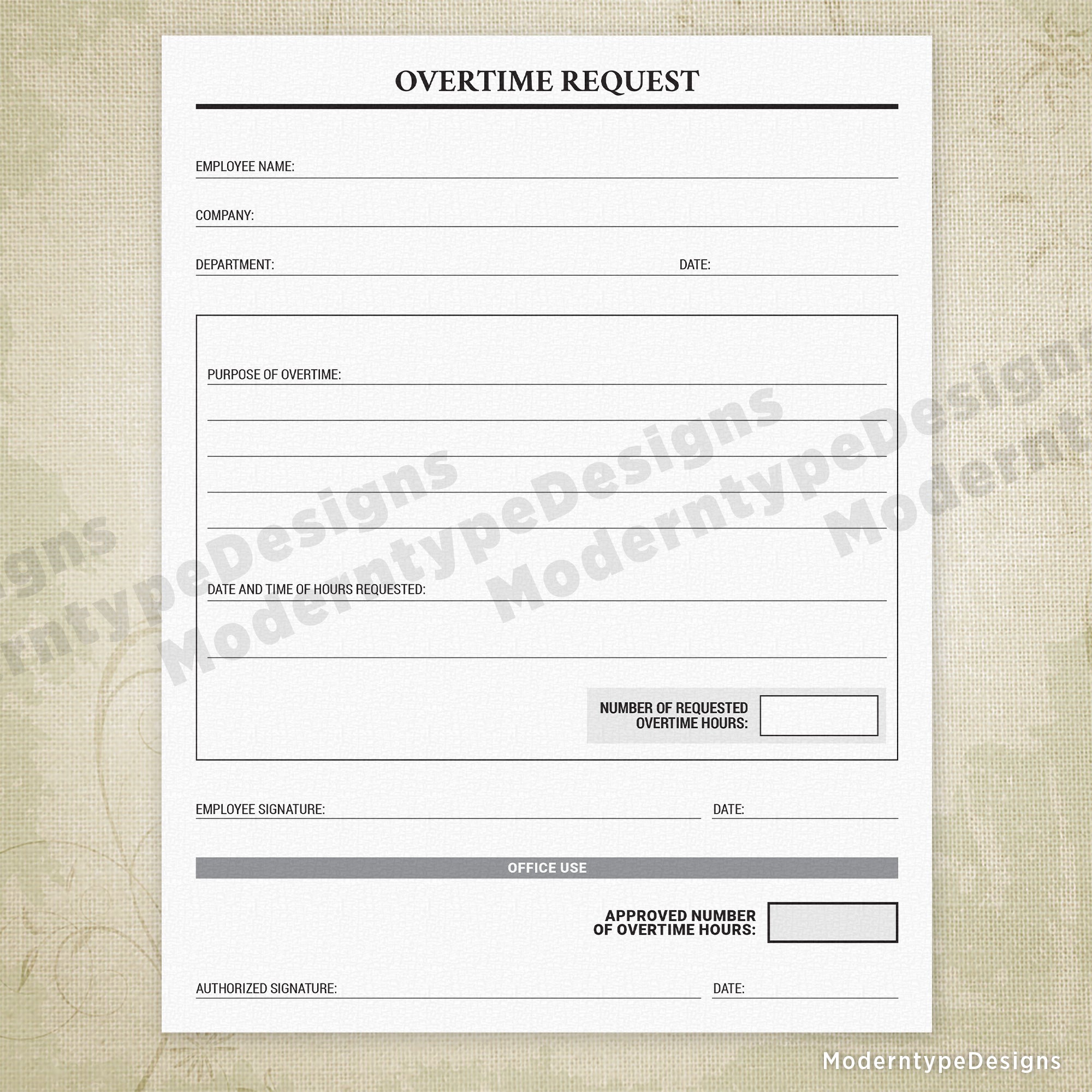 Overtime Request Printable Form
