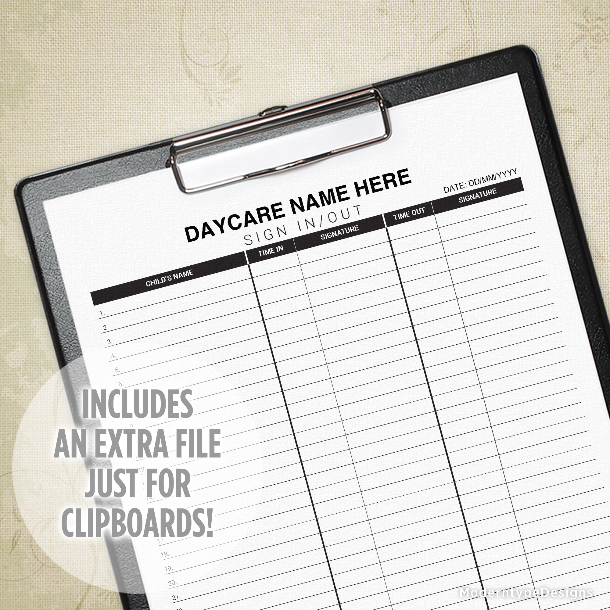 This is a Daycare Sign In and Out Printable Form PDF with editable fields. Give your daycare a professional look with this sign in sheet. Customize this form with your business name, date, and names (kids or dogs!) for a professional look. Purchase once and print every day for years to come.