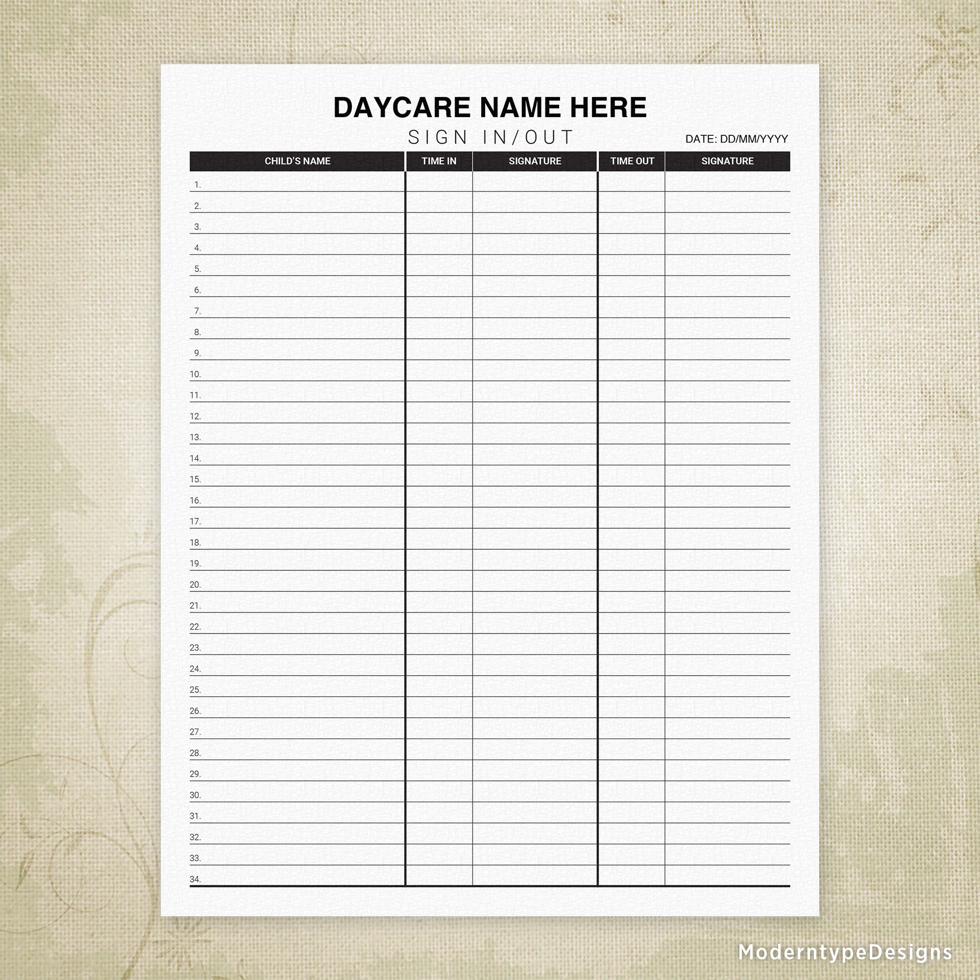 Daycare Sign In and Out Printable Form, Editable
