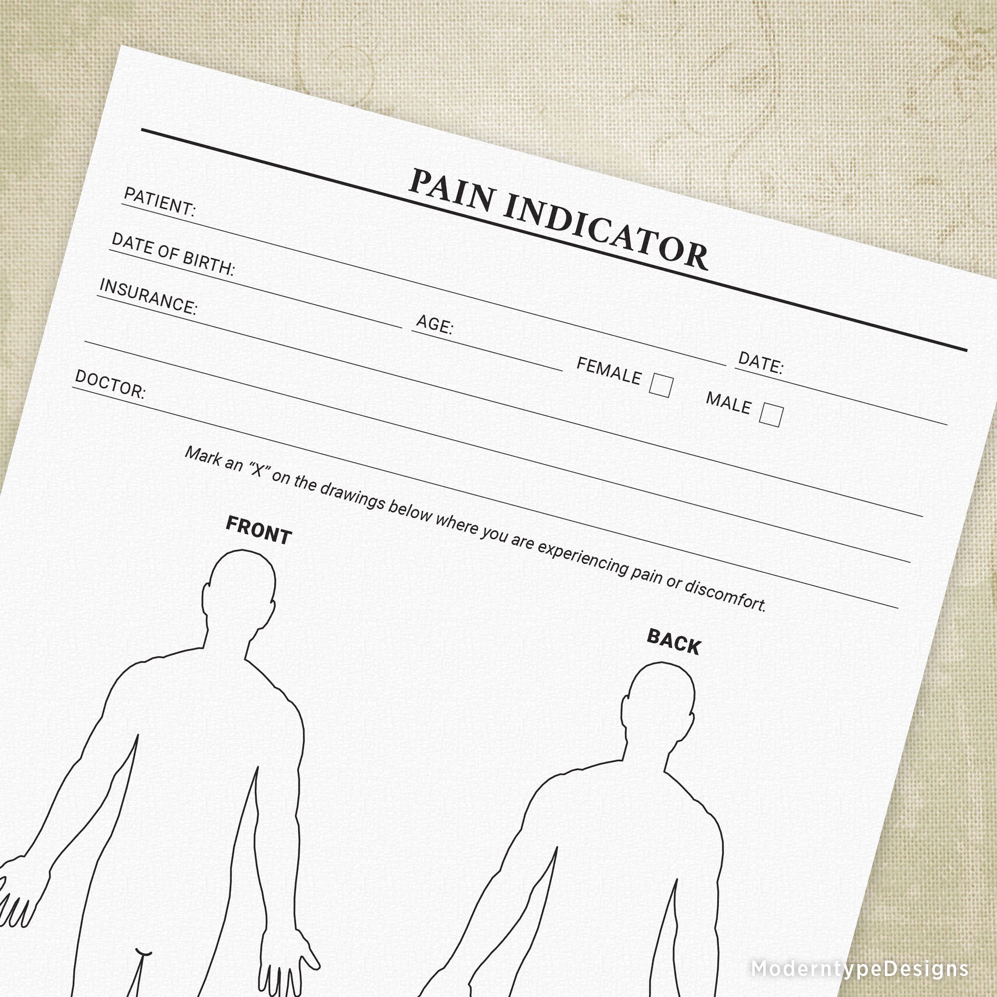 A PDF Pain Indicator Form with a patient's birth date, gender, and other personal information. It includes a space for the patient to draw a line indicating the front and back of their body with labels for different body parts.