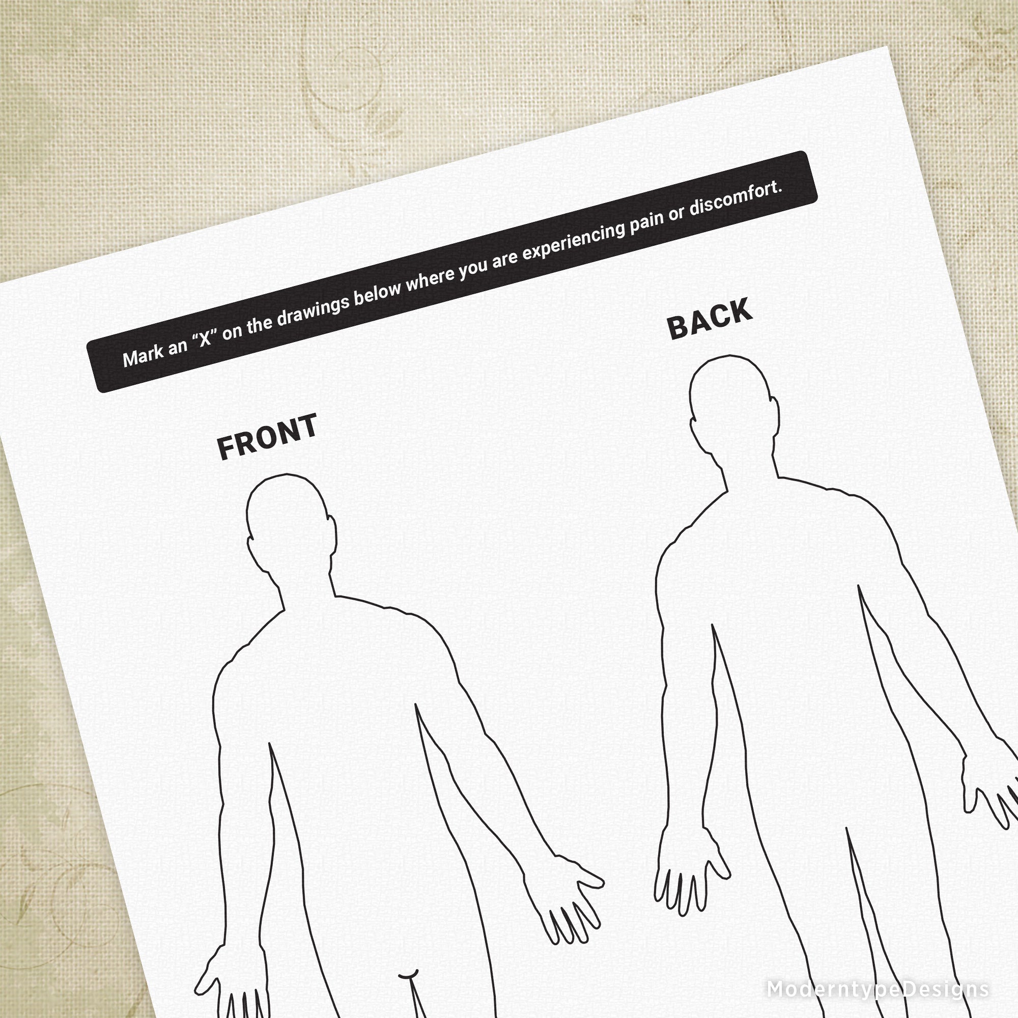 This is a PDF Pain Indicator Drawing Printable for instant download. Print it out and mark the area that shows where you are in pain. Take to show your doctor, physical therapist, massage therapist, etc.
