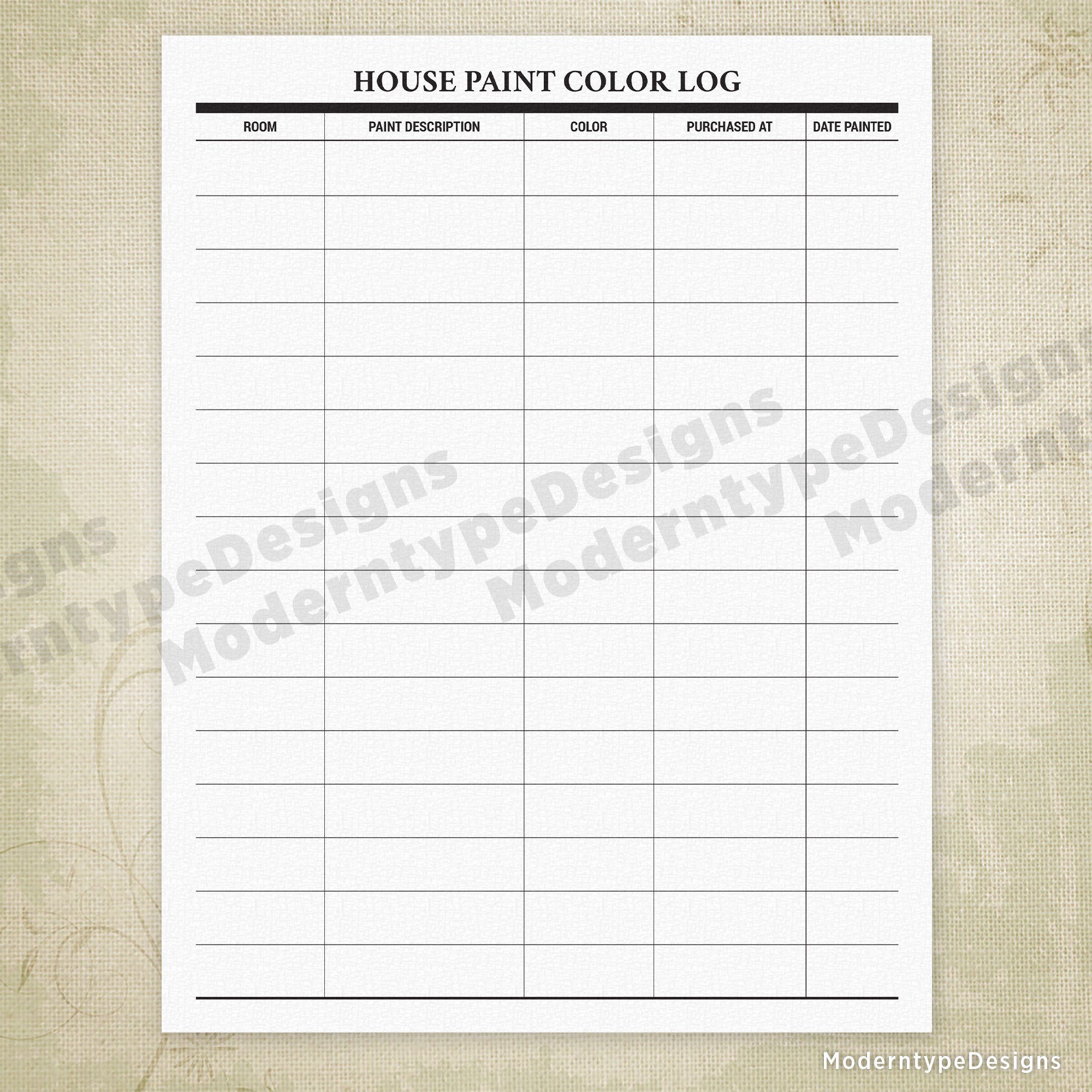 House Paint Color Log Printable