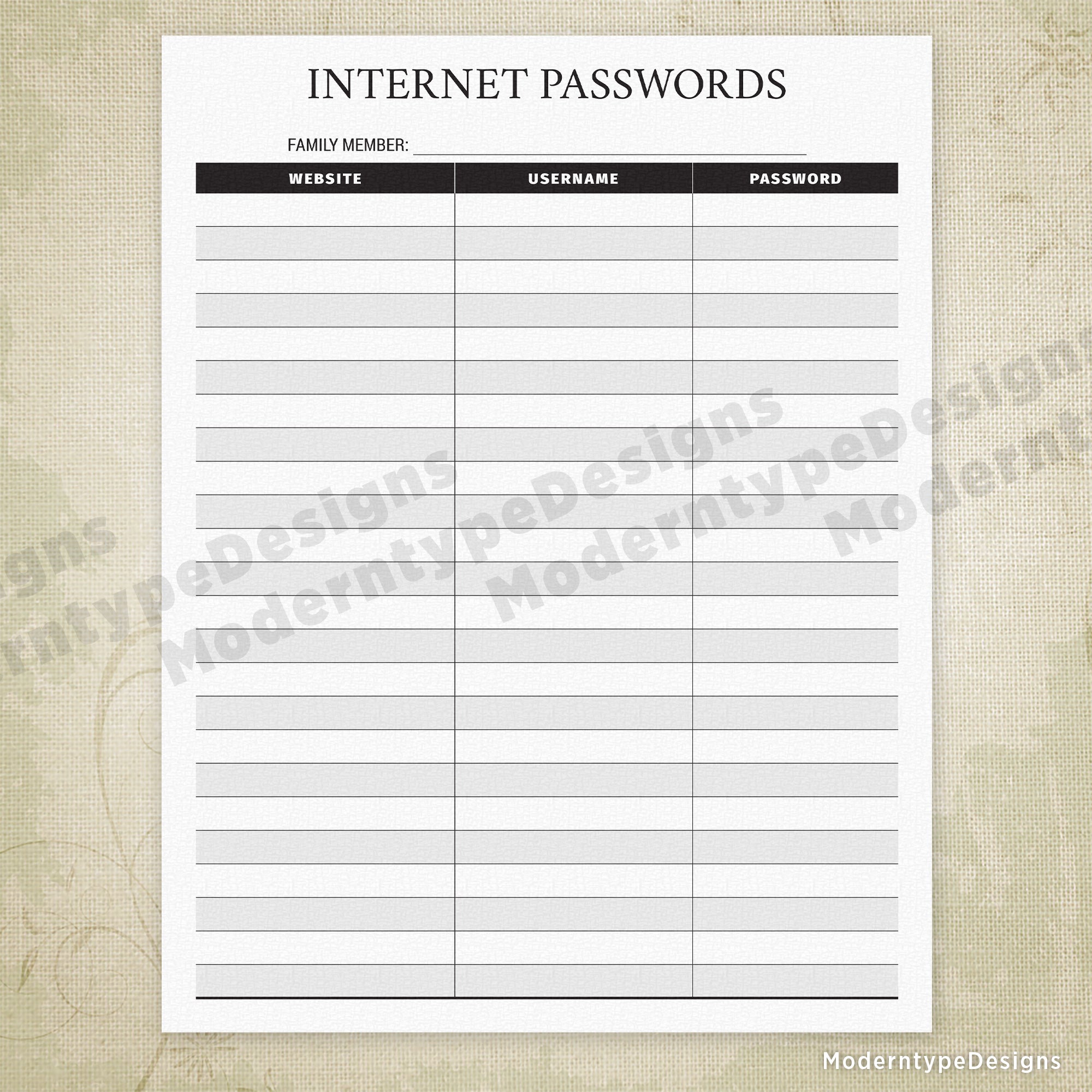 Internet Passwords & Security Questions Printable - End of Life