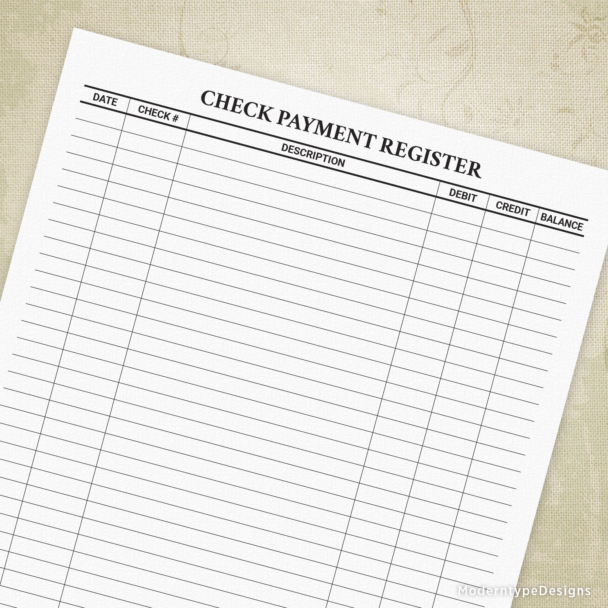 A printable check payment register form with column headers including 'Date', 'Check #', 'Description', 'Debit', 'Credit', and 'Balance'.