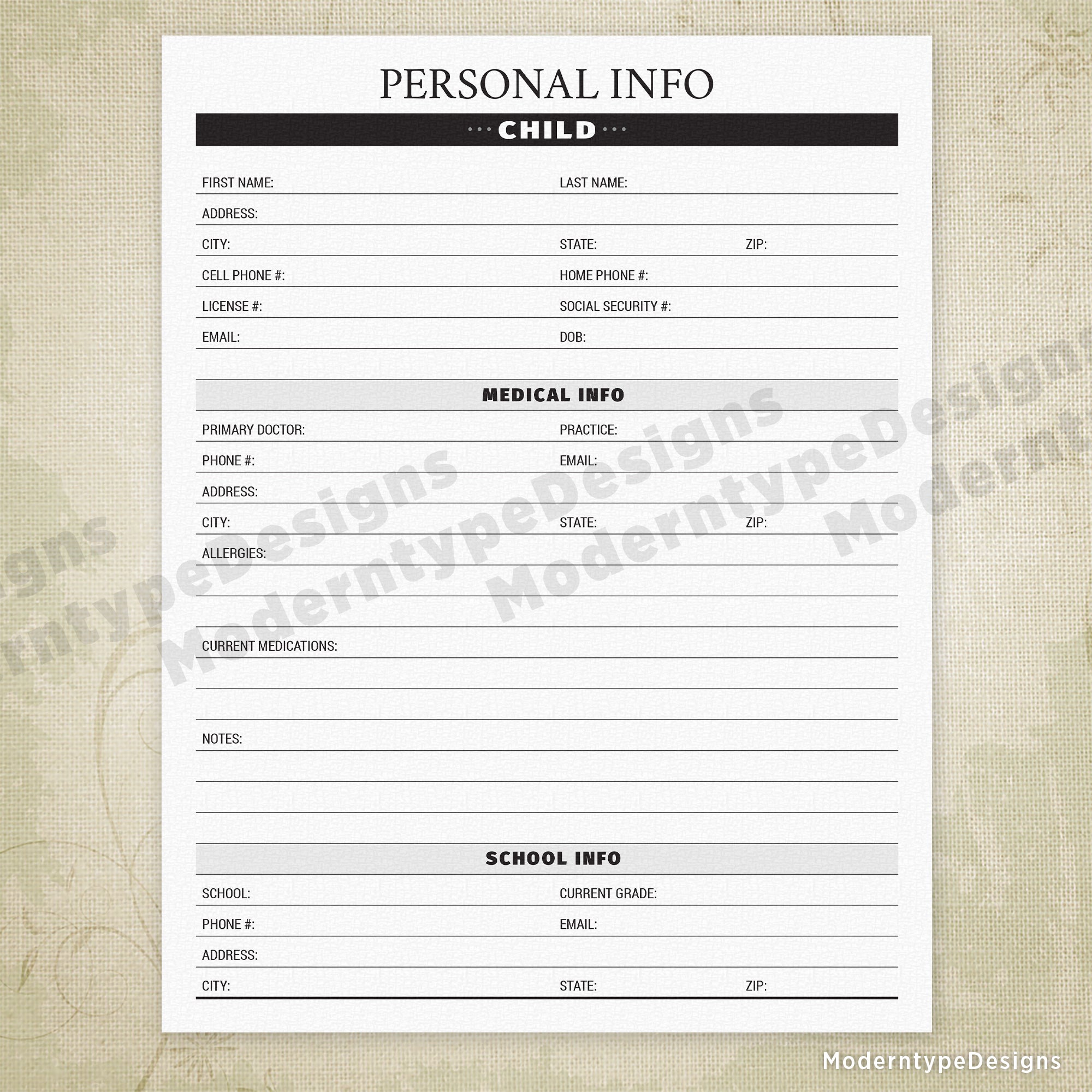 Personal Info Printable - End of Life