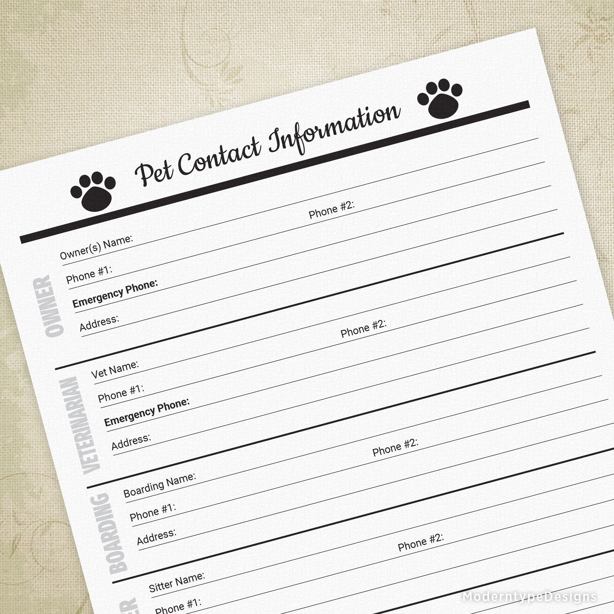 This is a PDF Pet Contact Info Form for pet owners and businesses. This form will give you a capture of all of your pet's or client's information. Keep your must-have contacts in one place for you, your dog sitter, or boarder.