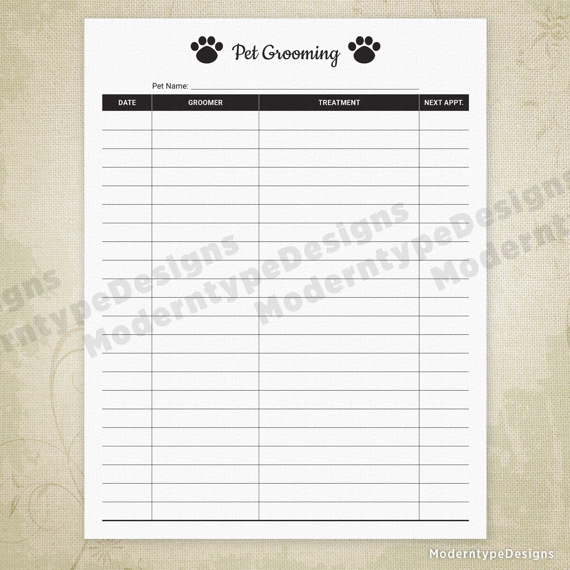 Pet Grooming Log Printable for Pet Owners