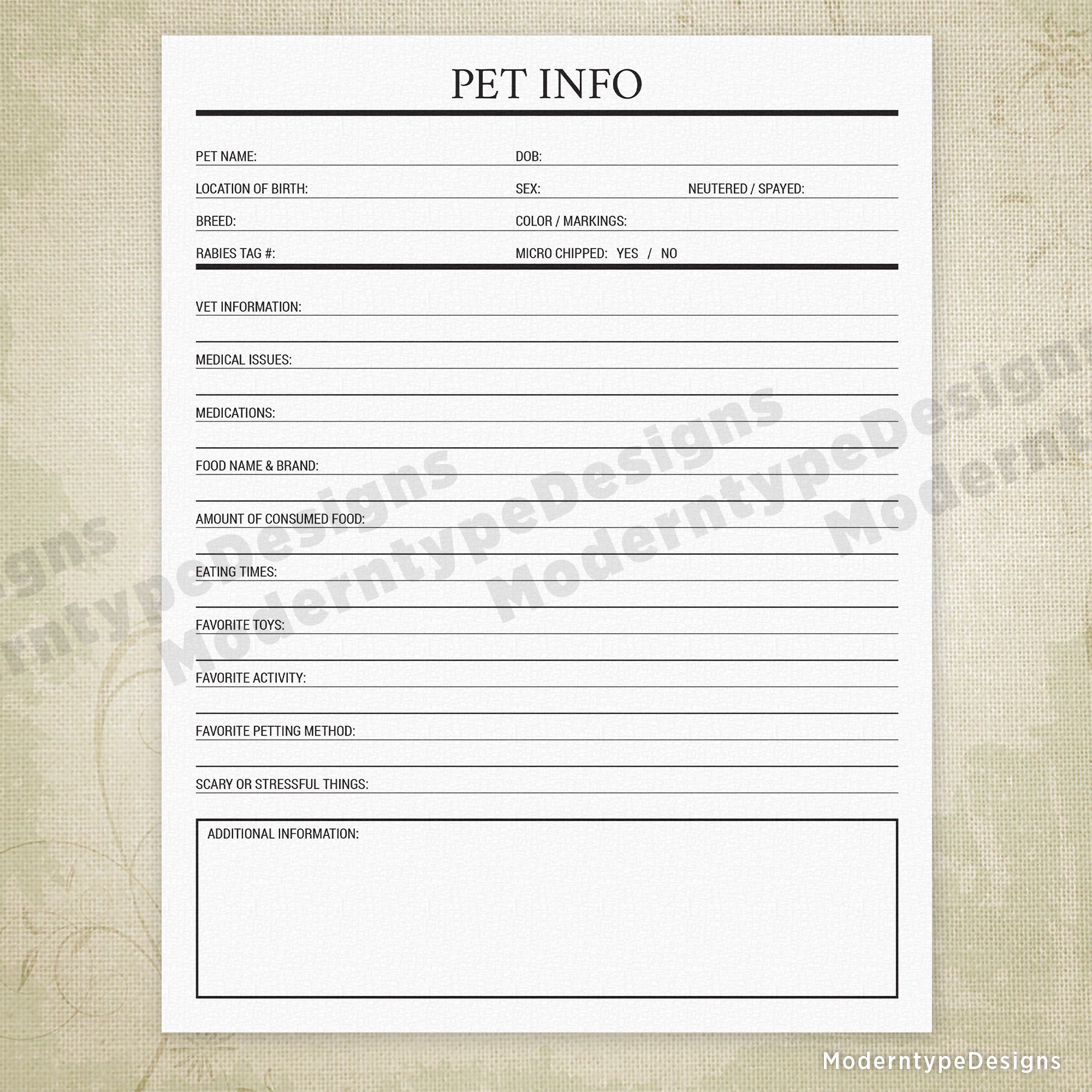 Pet Info Printable - End of Life