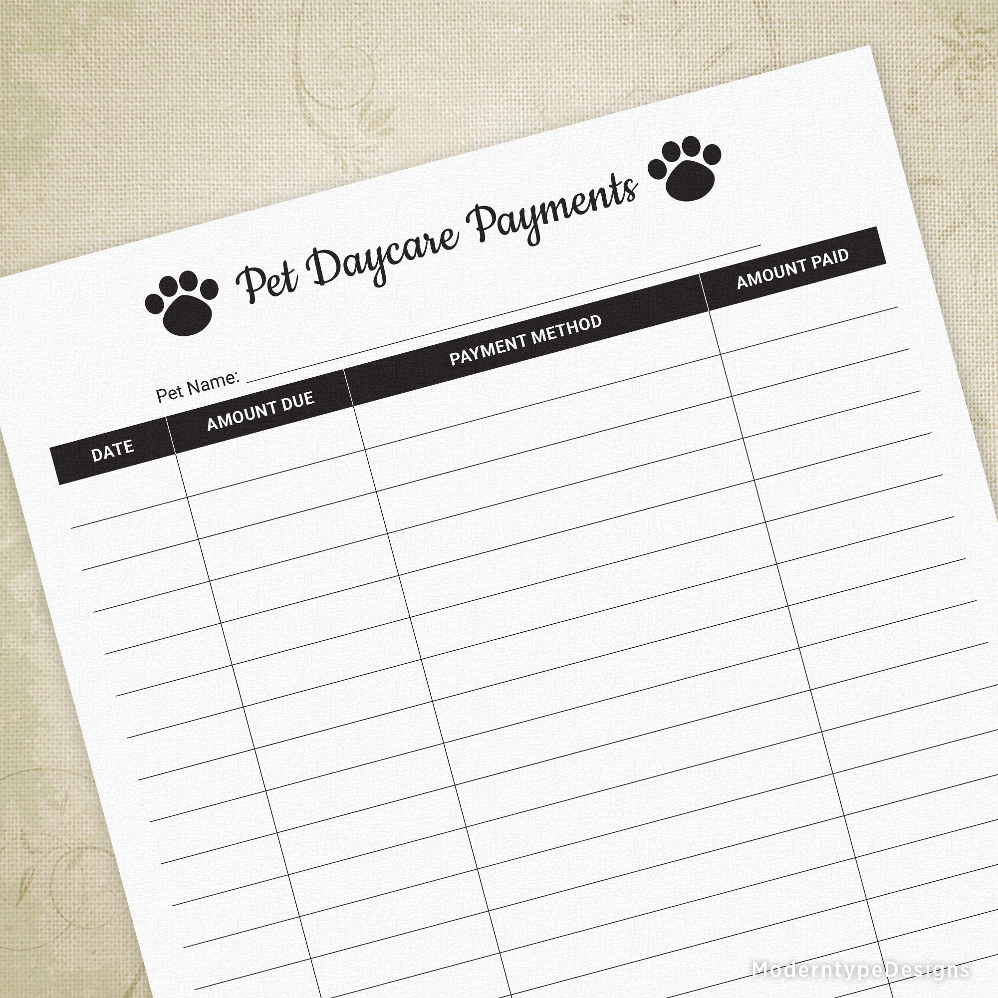 A printable pet daycare payments log form with sections for pet name, payment method, amount, and date, featuring a paw print design at the top.