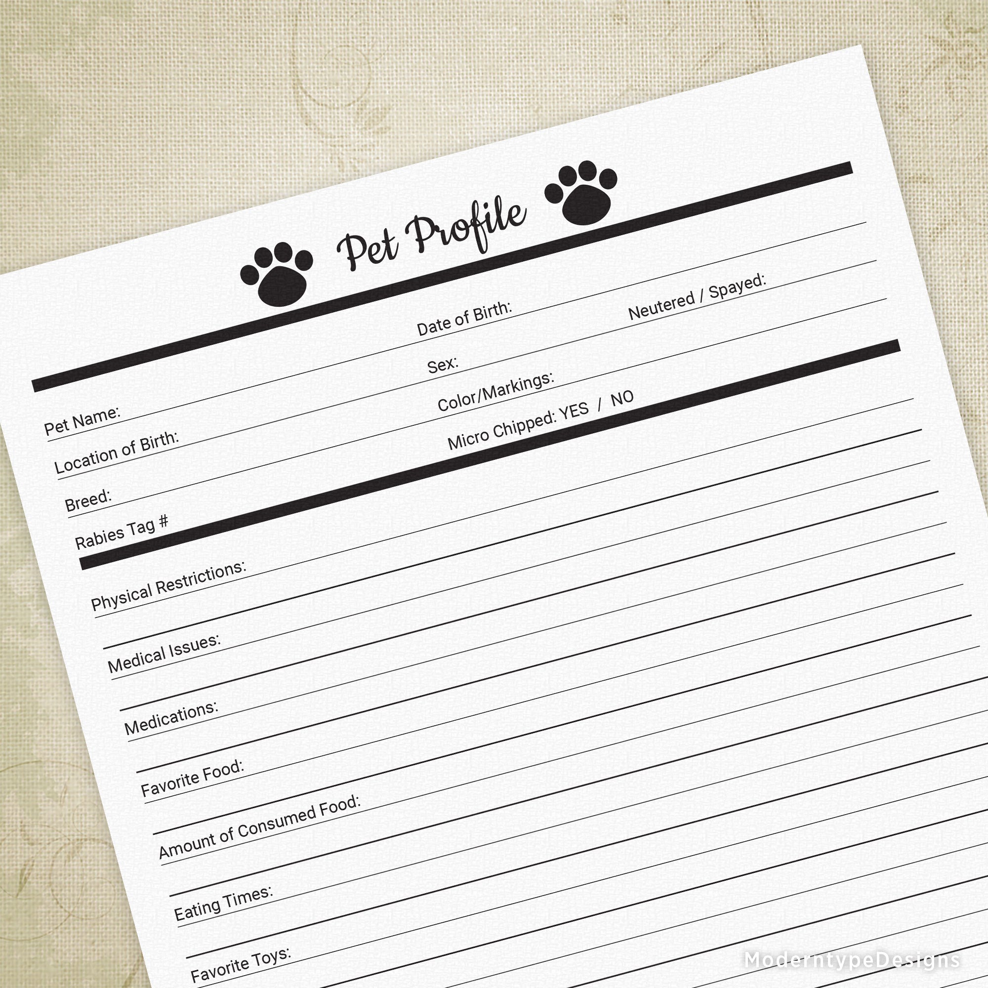 This is a Pet Profile Printable PDF for Pet Owners and Businesses. These animal forms are great for dog walkers, pet-sitters, and small business owners specializing in doggy daycare or salons. Keep your favorite client's information on file to easily provide amazing customer service.