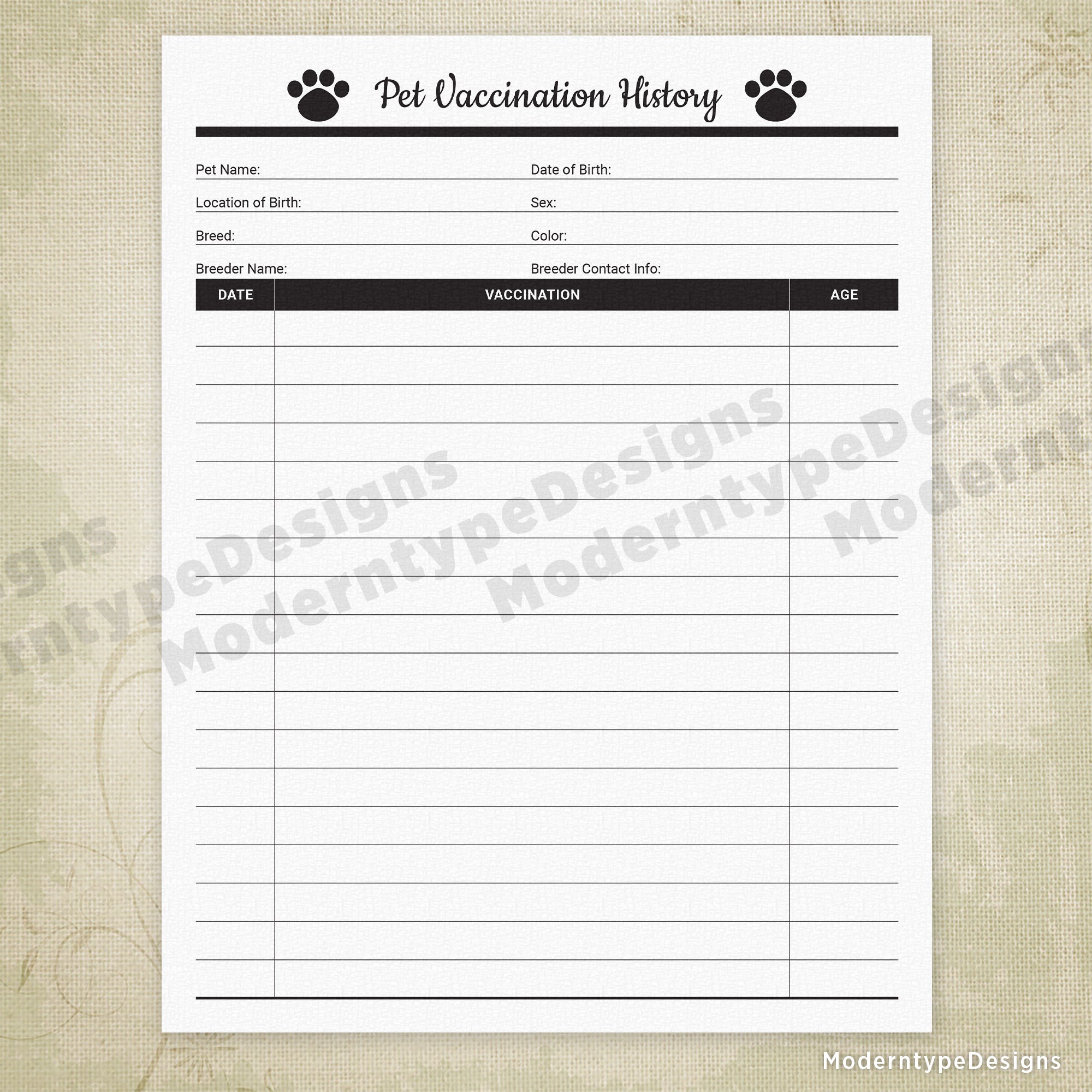 Pet Vaccination History Printable Form for Pet Owners & Businesses