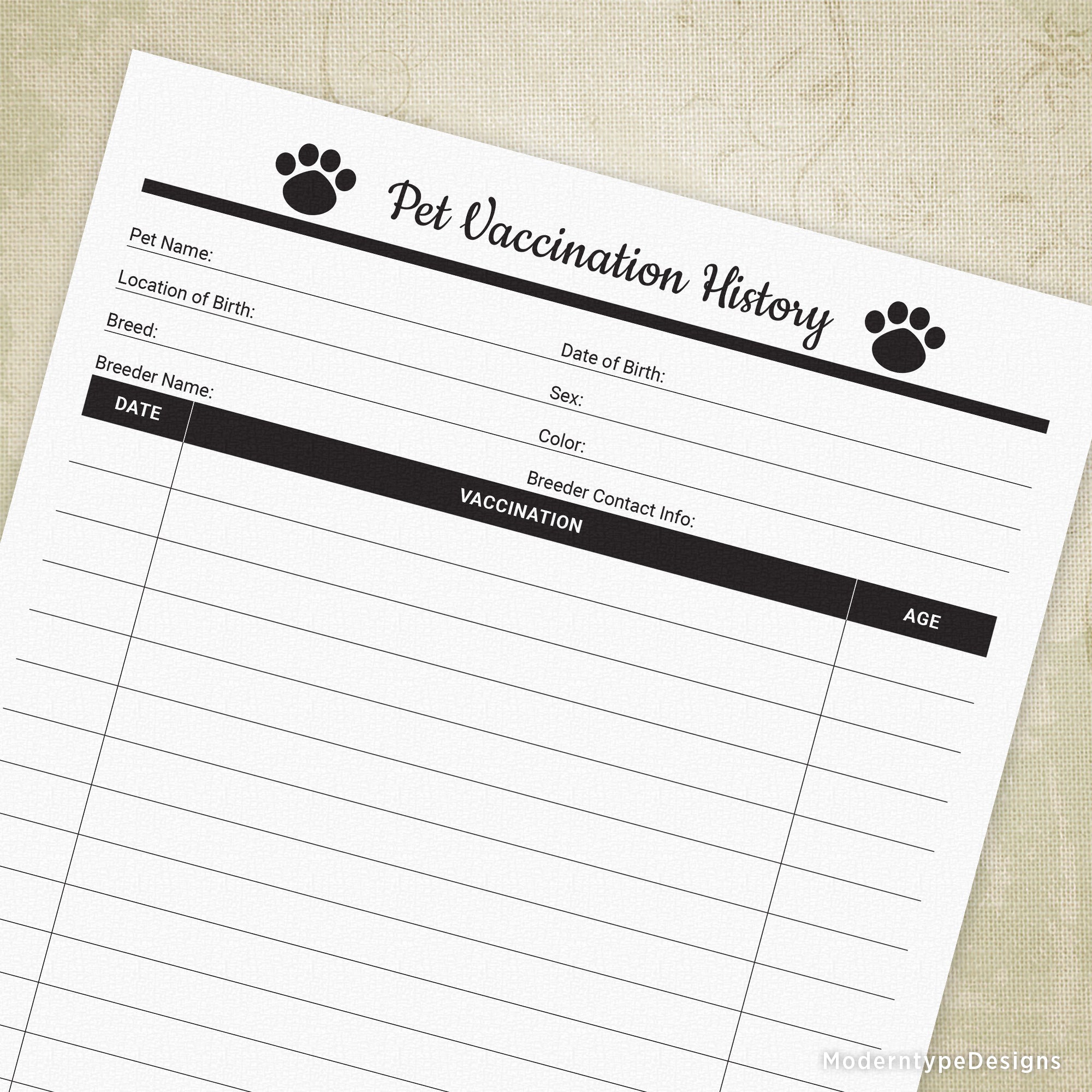 This is a PDF Pet Vaccination History Form for business owners or pet owners who need to keep track of their pet's vaccinations. Keep your client records up-to-date and look great with this form! Perfect for doggy daycares and kennels.
