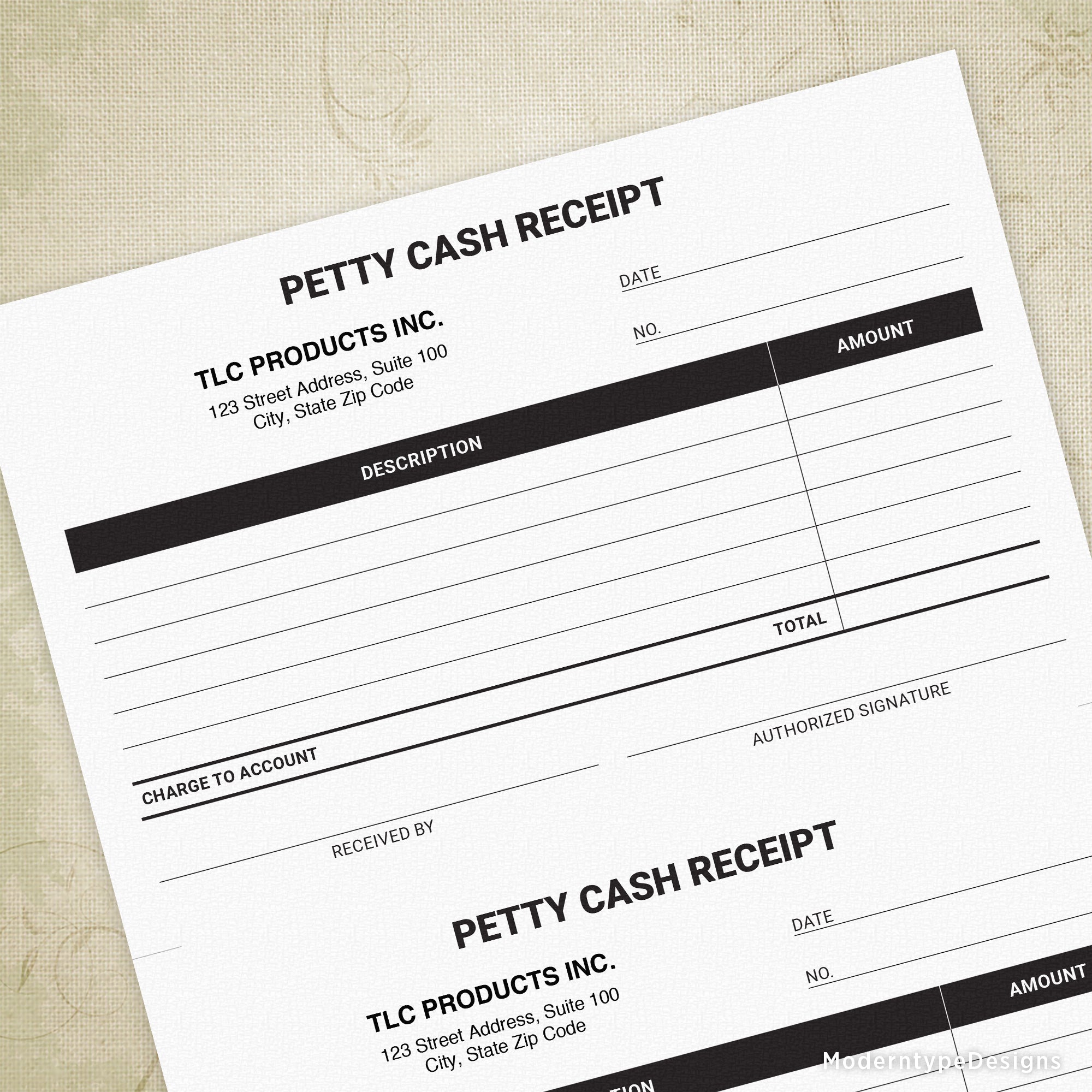 A printable petty cash receipt form with editable fields, company logo and address, total and date fields, and a signature block.
