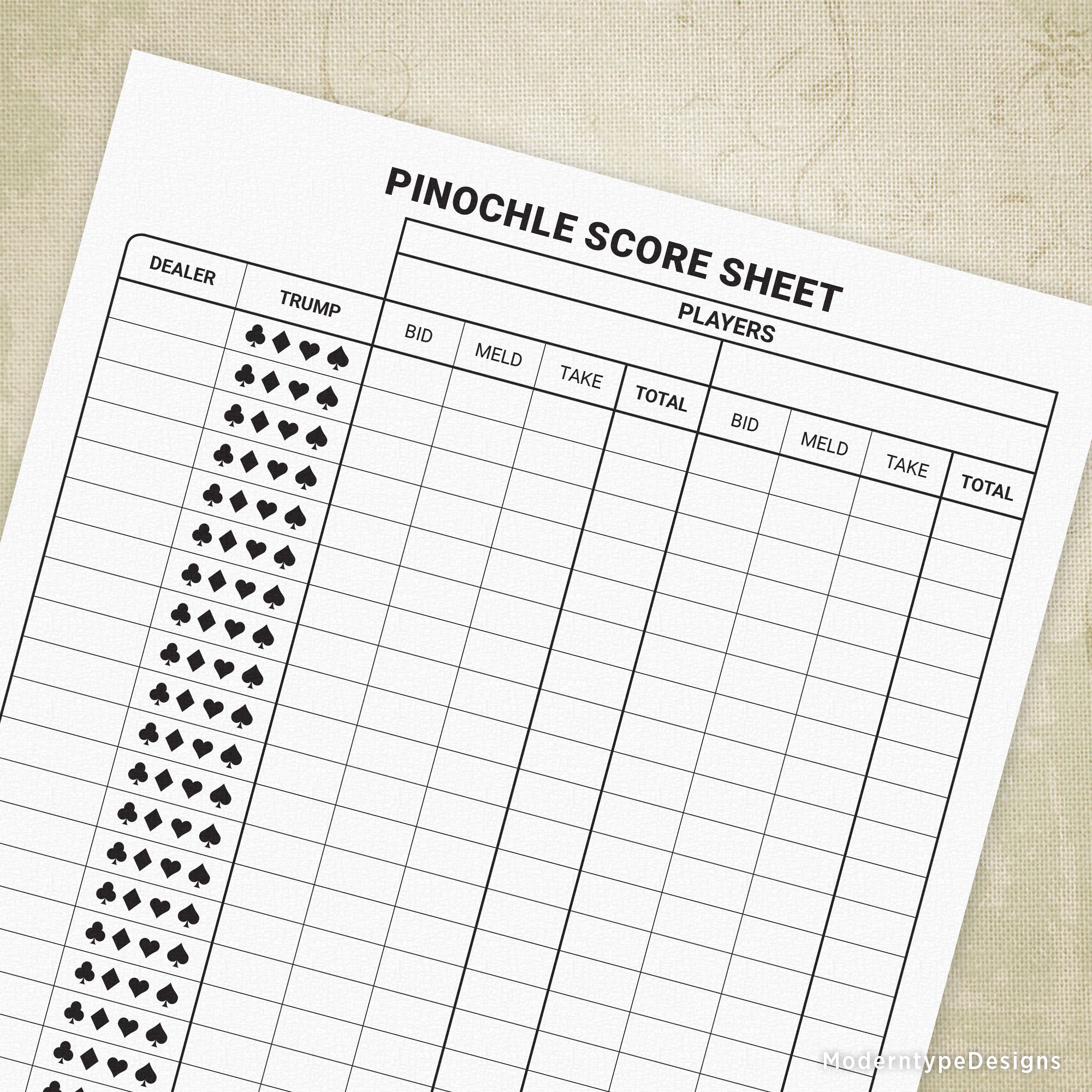Printable pinochle score sheet with sections for players, dealer, and total score, as well as suits and ranks of playing cards.