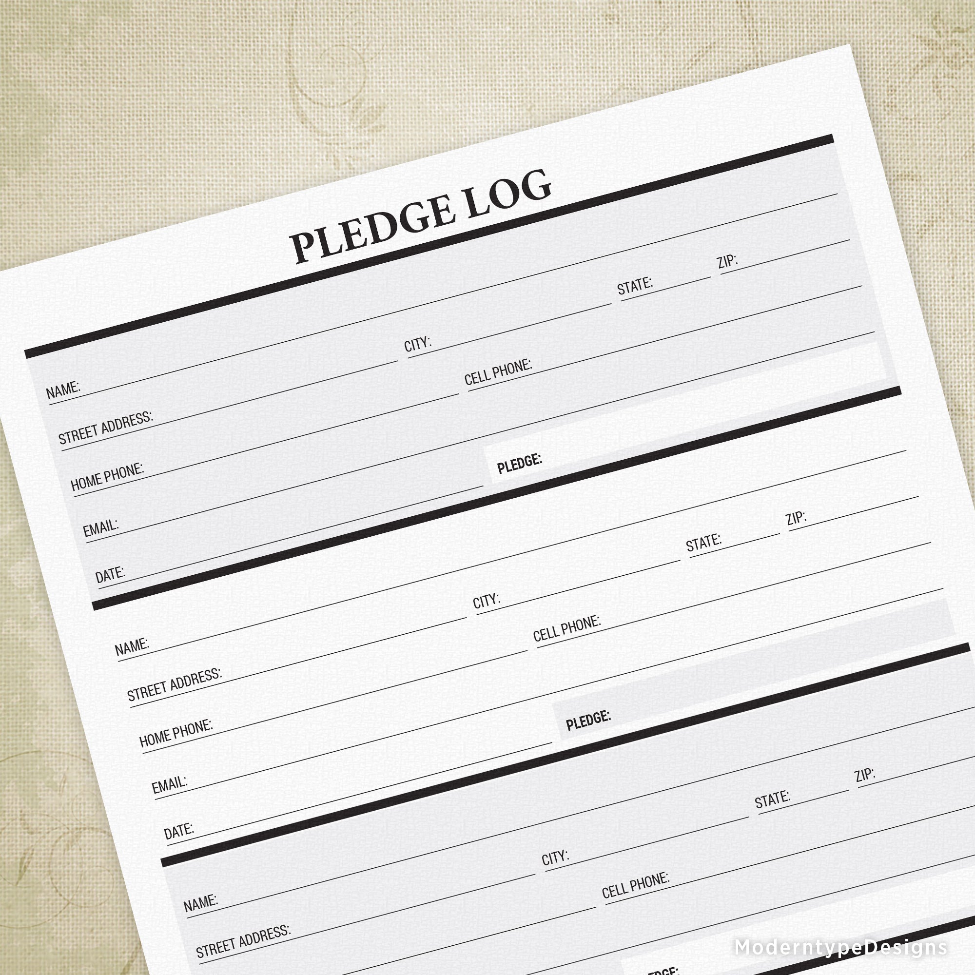 Track those who gave a pledge with this Pledge Log Printable PDF. Room to write in 4 different names, amounts, and other contact information. Print more if you need more!