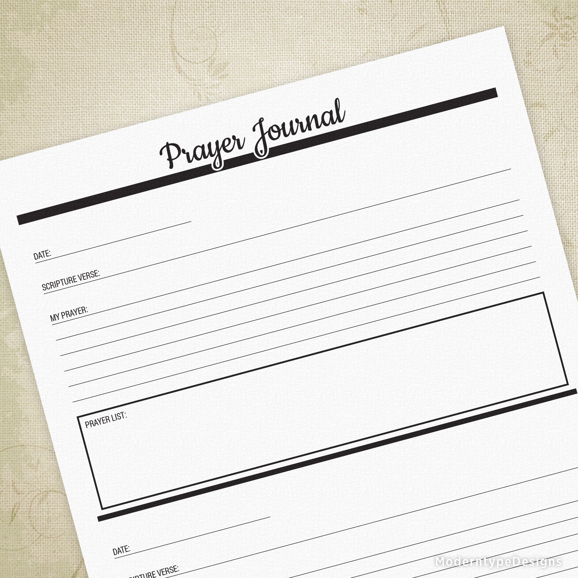 Write down your daily thoughts in this Prayer Journal Printable PDF. Include who you are saying a prayer for. This file allows for 2 entries per sheet.