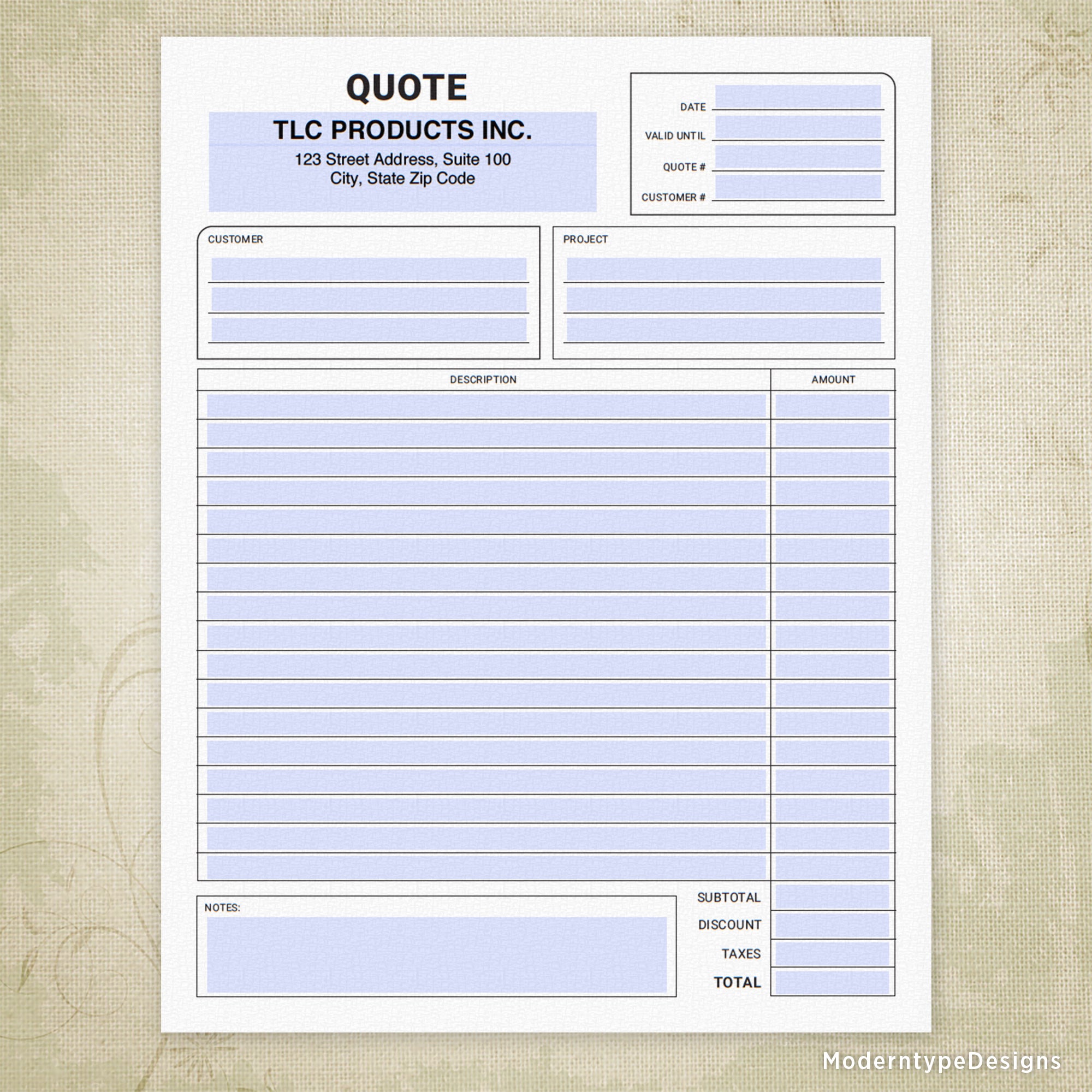 Price Quote Printable Form with Lines, Editable, #2