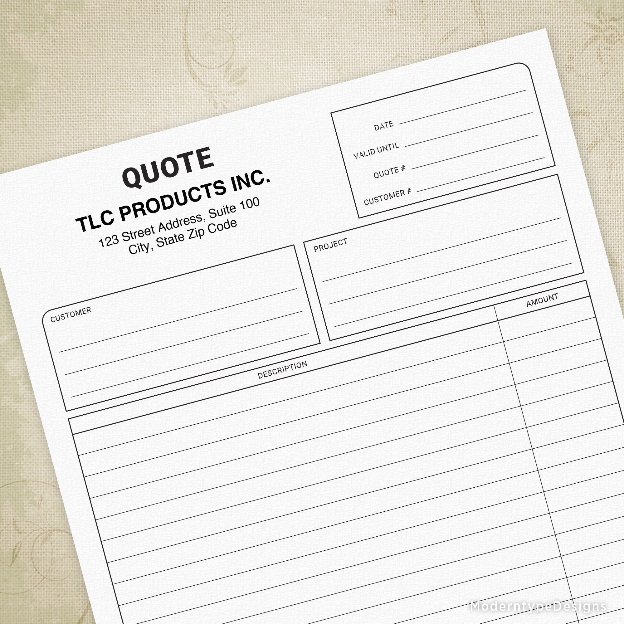Editable PDF price quote form with lines for handwritten-style notes, with a blue highlighted text/field on the top where information can be edited.