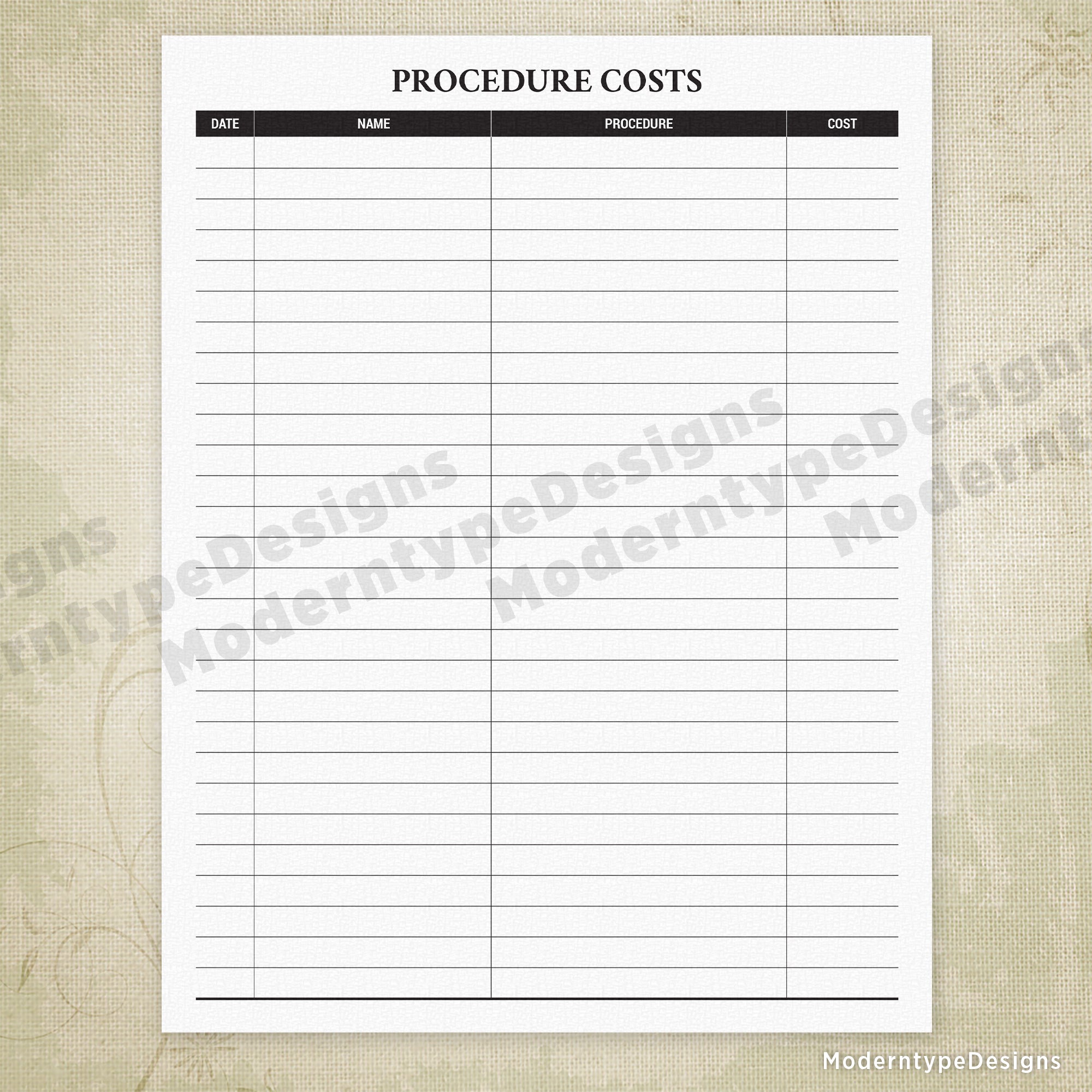 Procedure Costs Printable